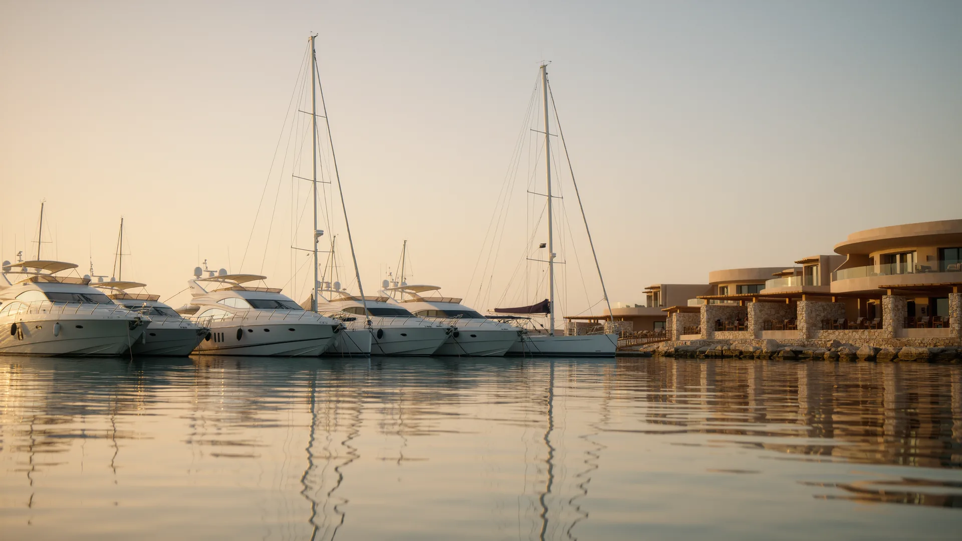 Marina with white hulls and masts at golden hour on calm water