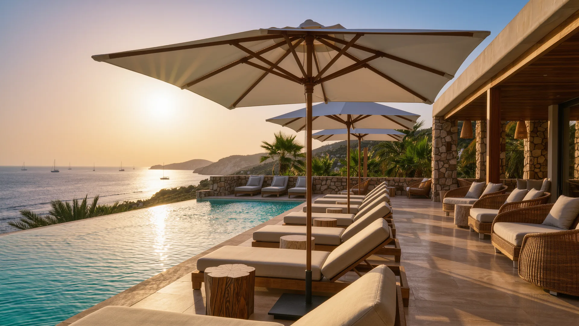 Resort pool terrace with parasols overlooking the sea at sunset
