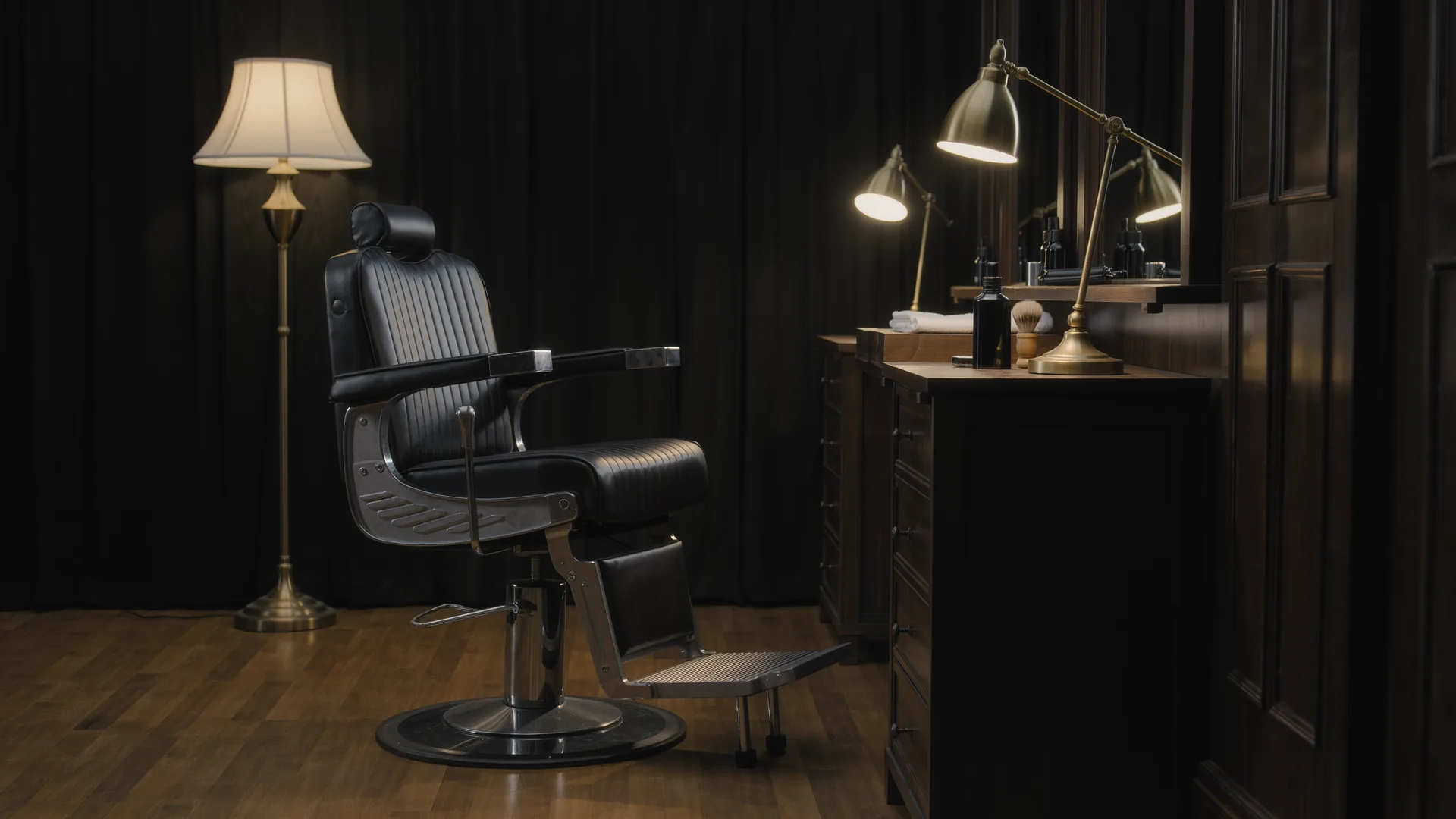 Classic barbershop interior in dark wood and brass with a leather chair