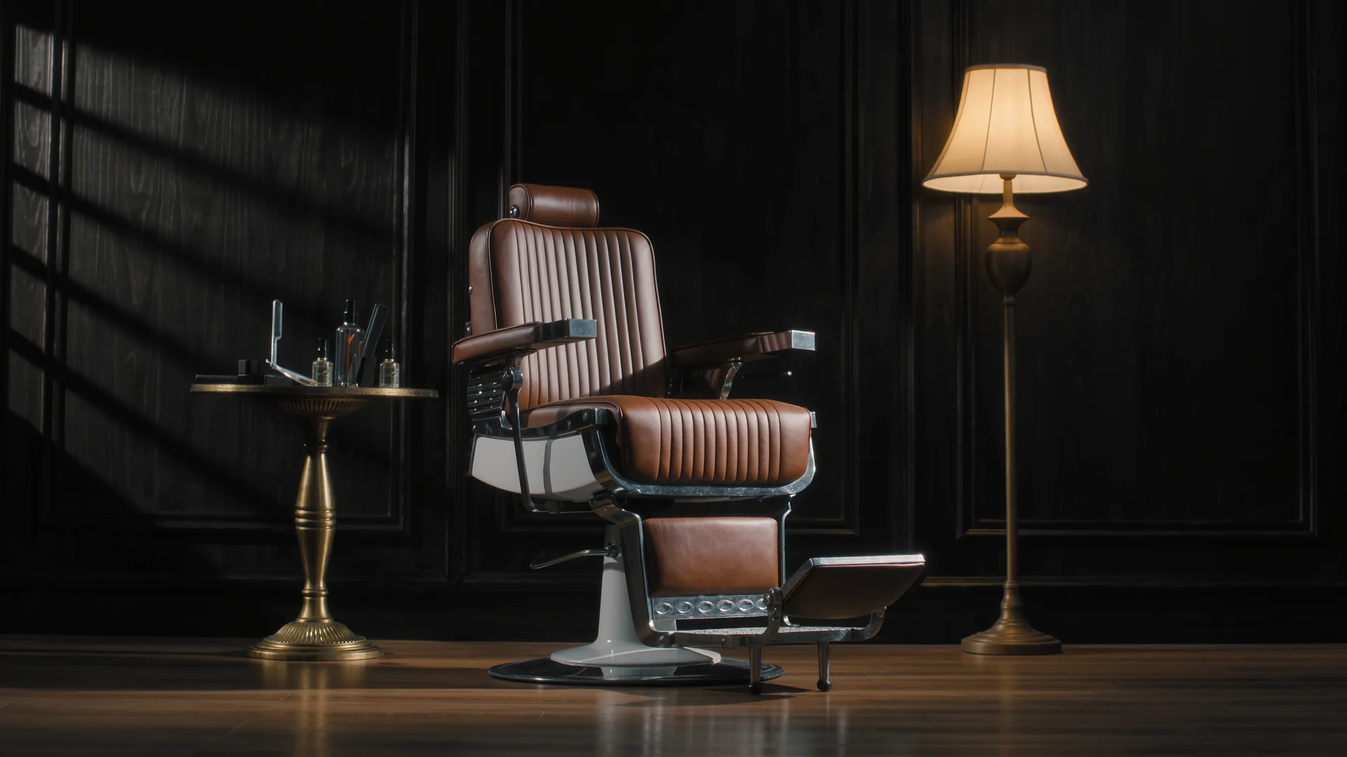 Classic barbershop interior in dark wood and brass with a leather chair