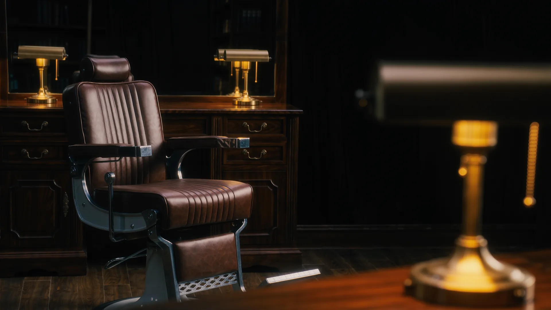 Classic barbershop interior in dark wood and brass with a leather chair