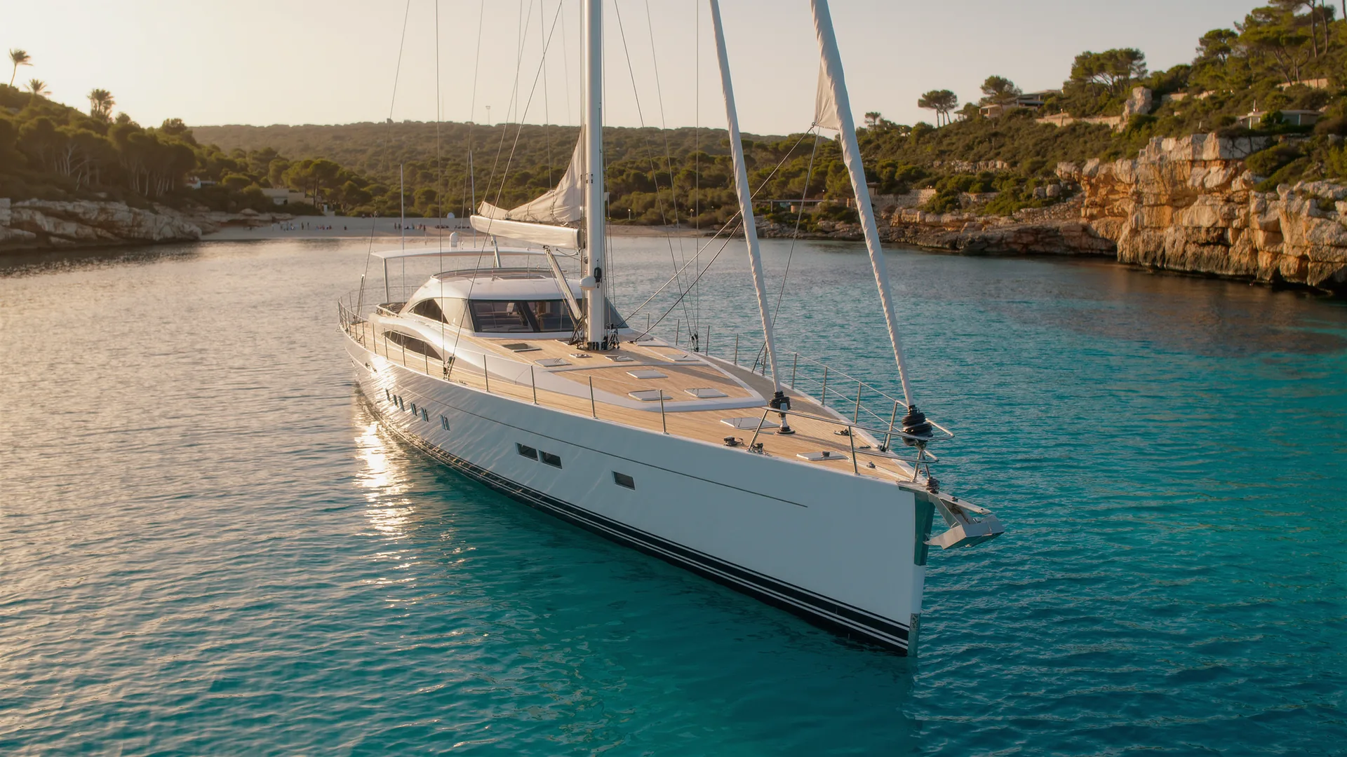 Sailing yacht anchored in a turquoise Mallorcan bay at dusk