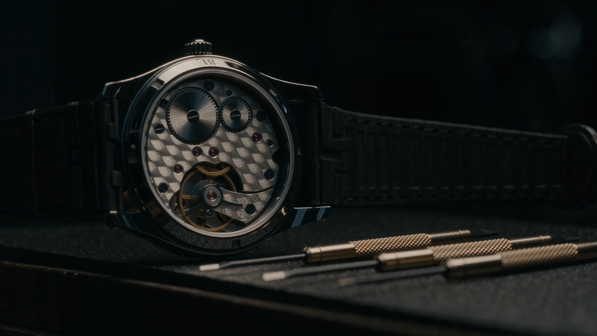 Mechanical watch movement open on a watchmaker's bench with fine screwdrivers