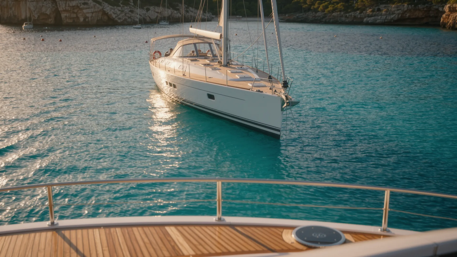 Sailing yacht anchored in a turquoise Mallorcan bay at dusk