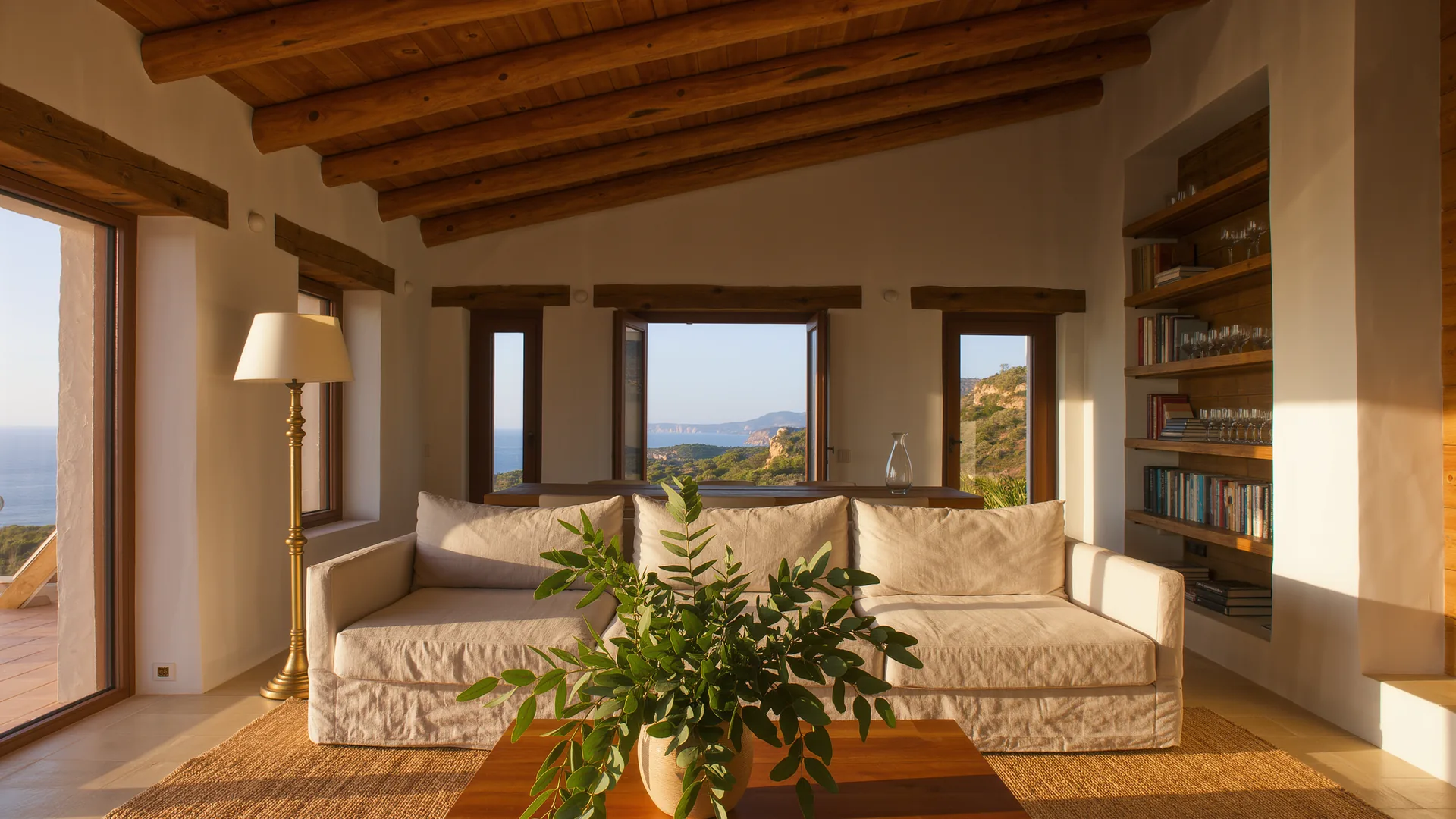 Mediterranean living room with lime plaster walls, a linen sofa and oak beams
