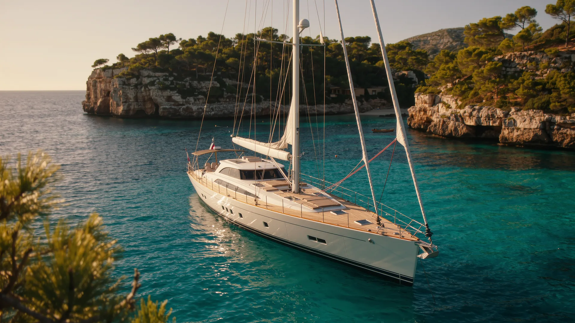 Sailing yacht anchored in a turquoise Mallorcan bay at dusk
