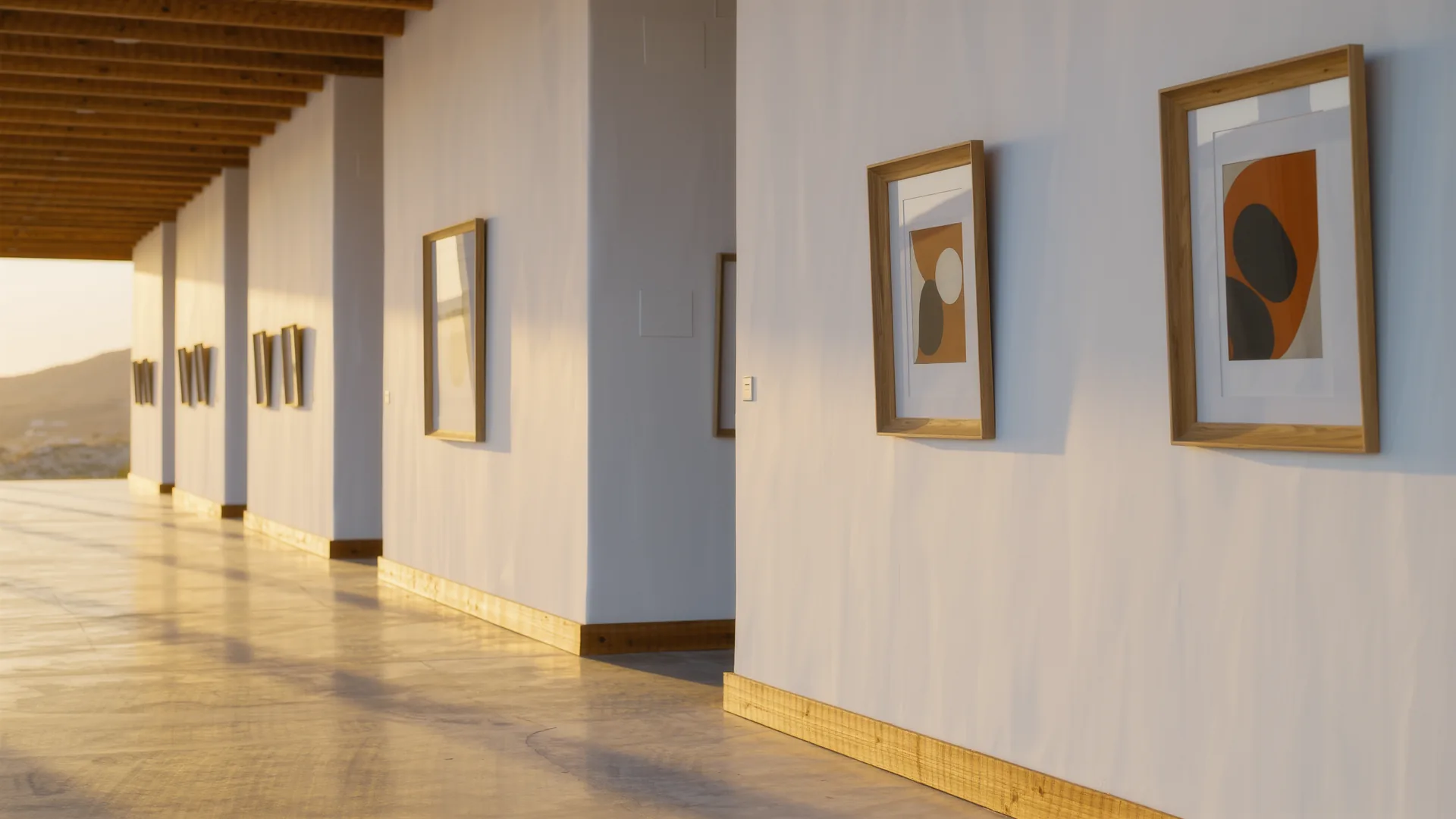 Bright white gallery room with framed works and a polished concrete floor