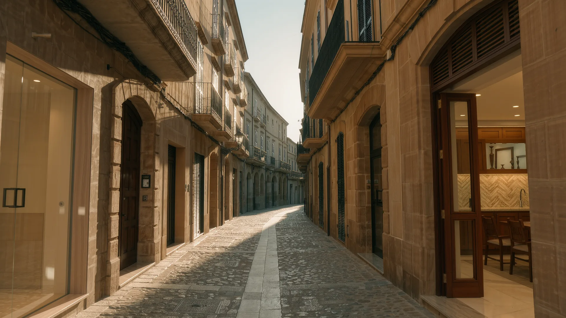 Old town street in Palma with sandstone facades and wrought iron balconies