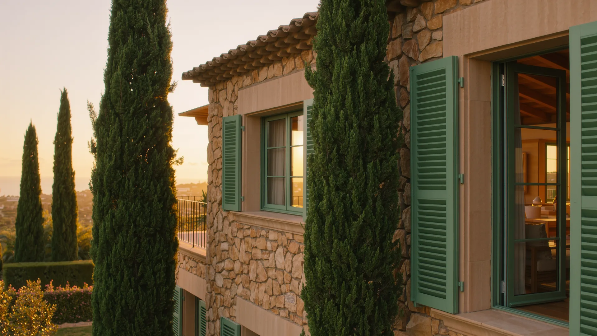 Mallorcan finca of honey coloured stone with green shutters and cypresses at golden hour
