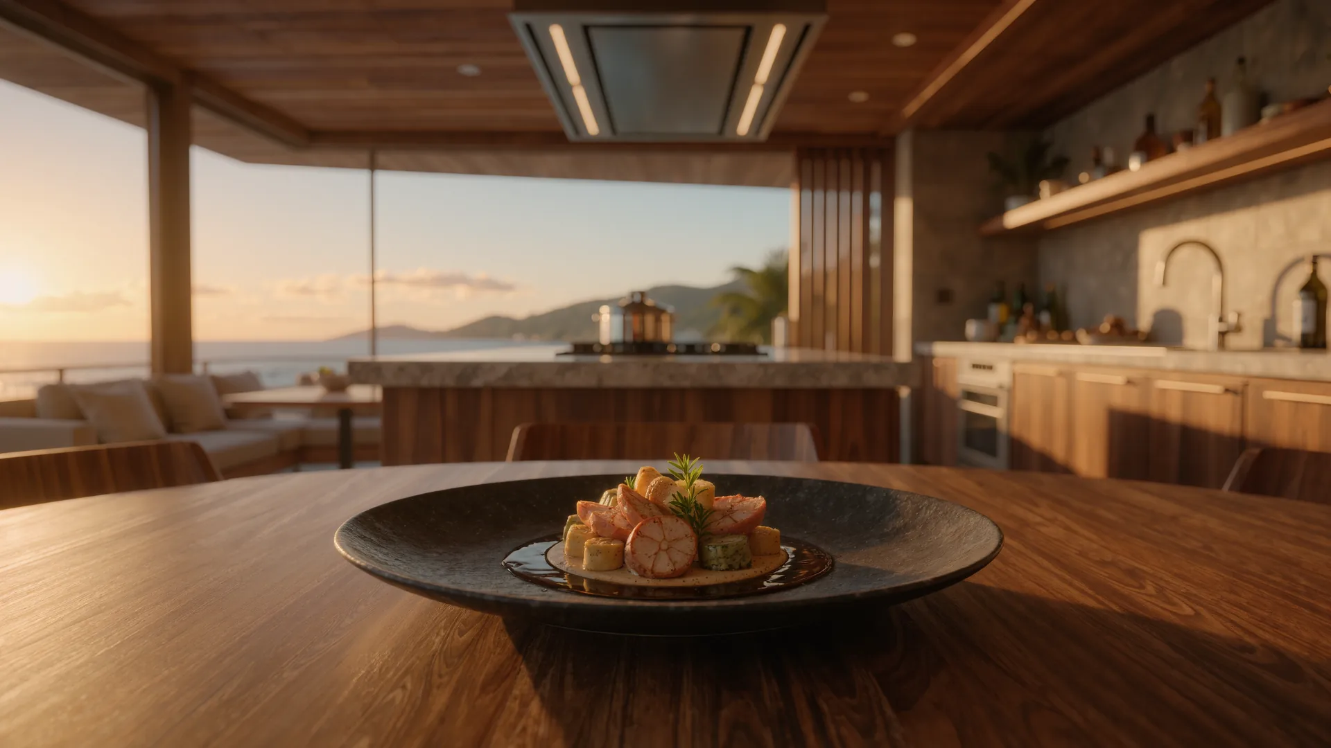 Plated fine dining dish on dark ceramic with the kitchen pass behind