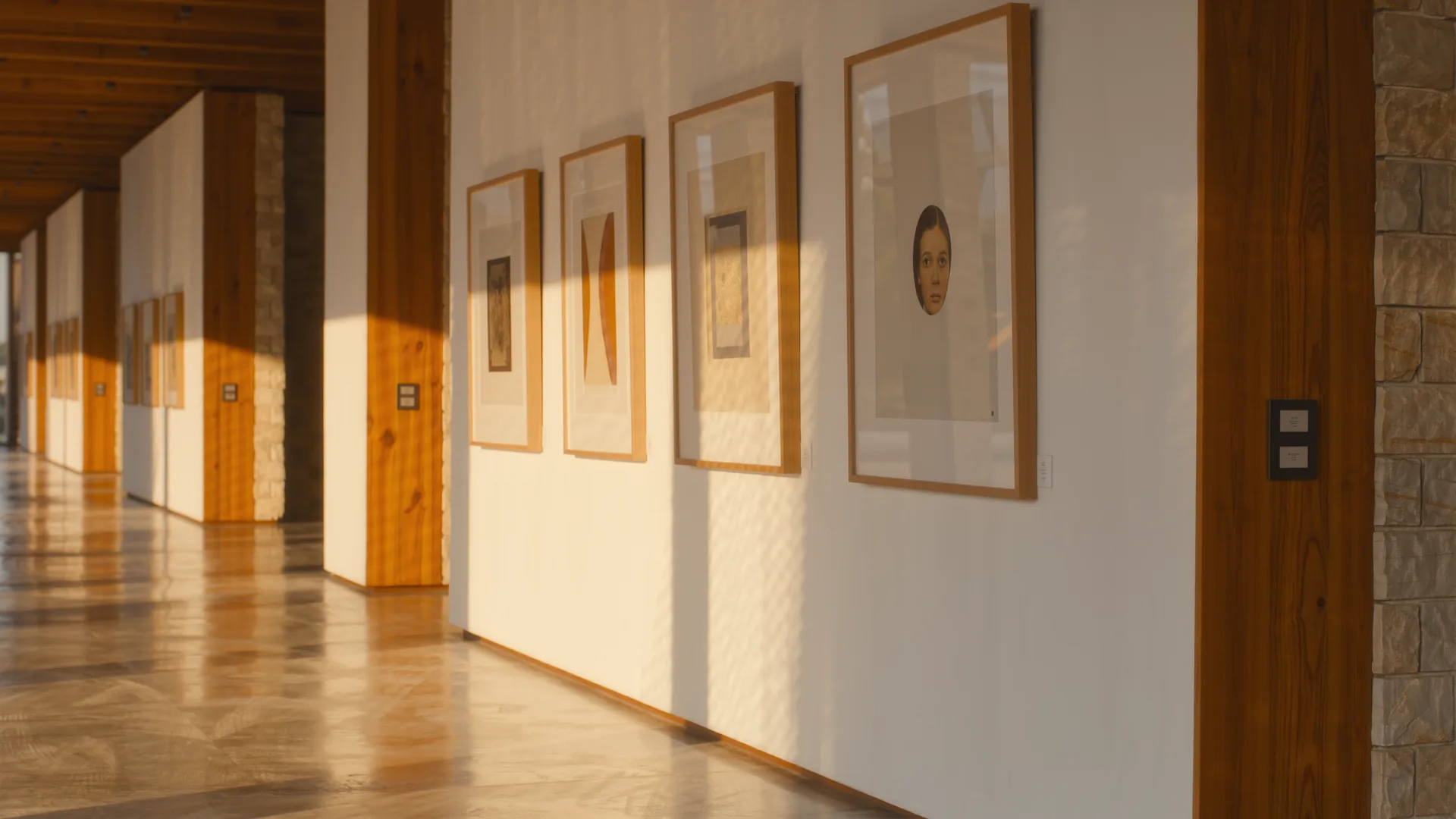 Bright white gallery room with framed works and a polished concrete floor