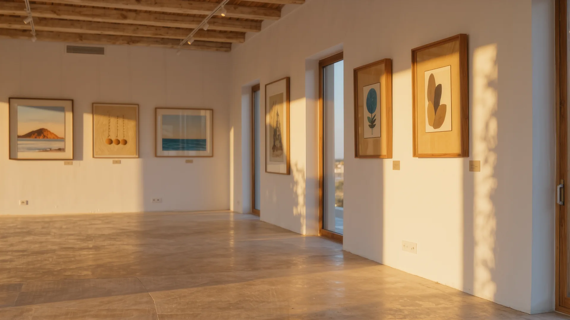 Bright white gallery room with framed works and a polished concrete floor