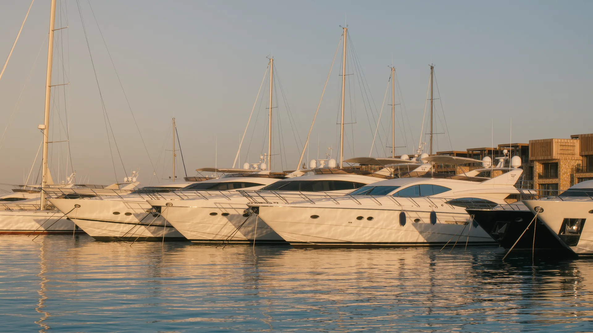 Marina with white hulls and masts at golden hour on calm water