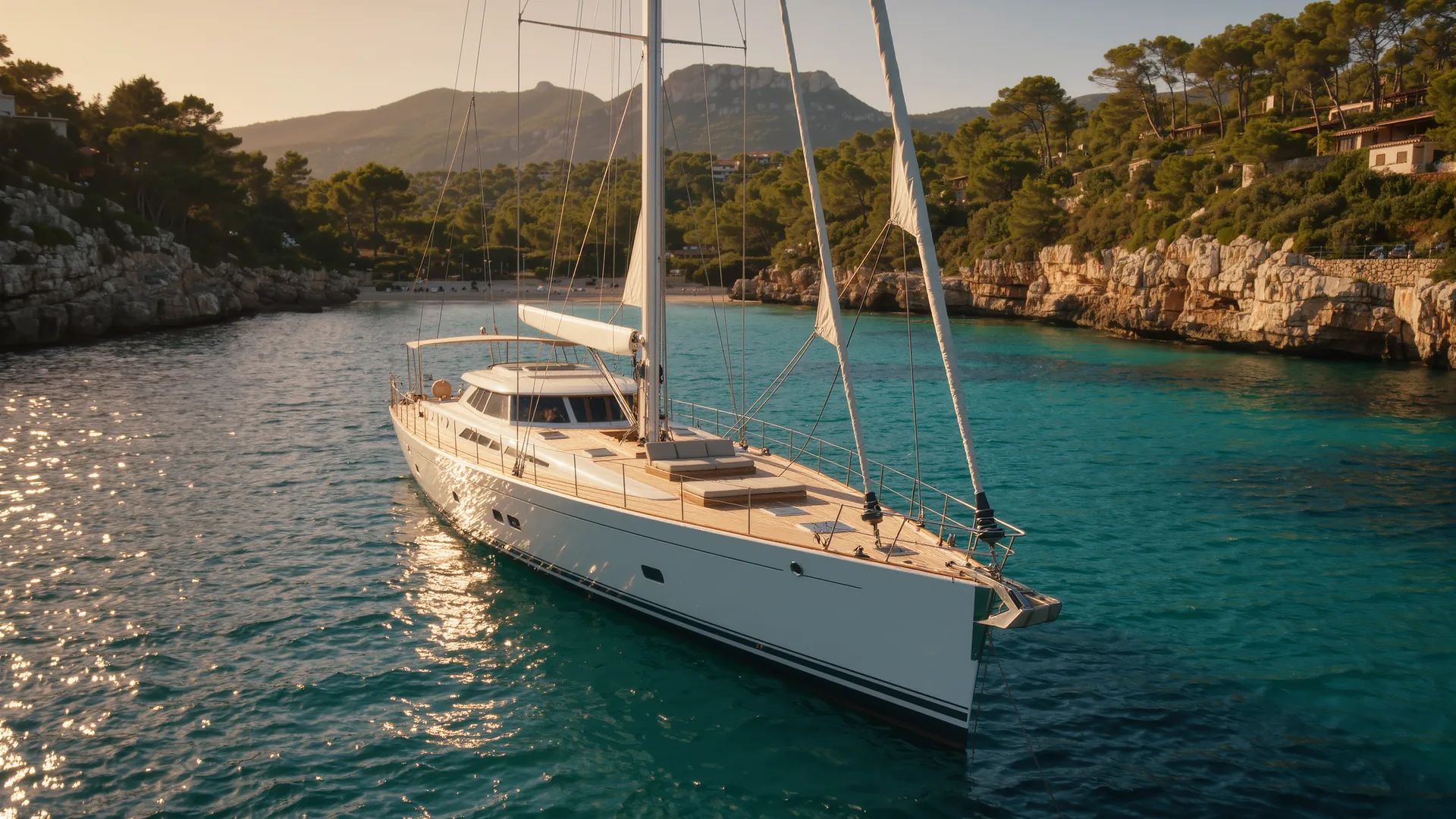 Sailing yacht anchored in a turquoise Mallorcan bay at dusk