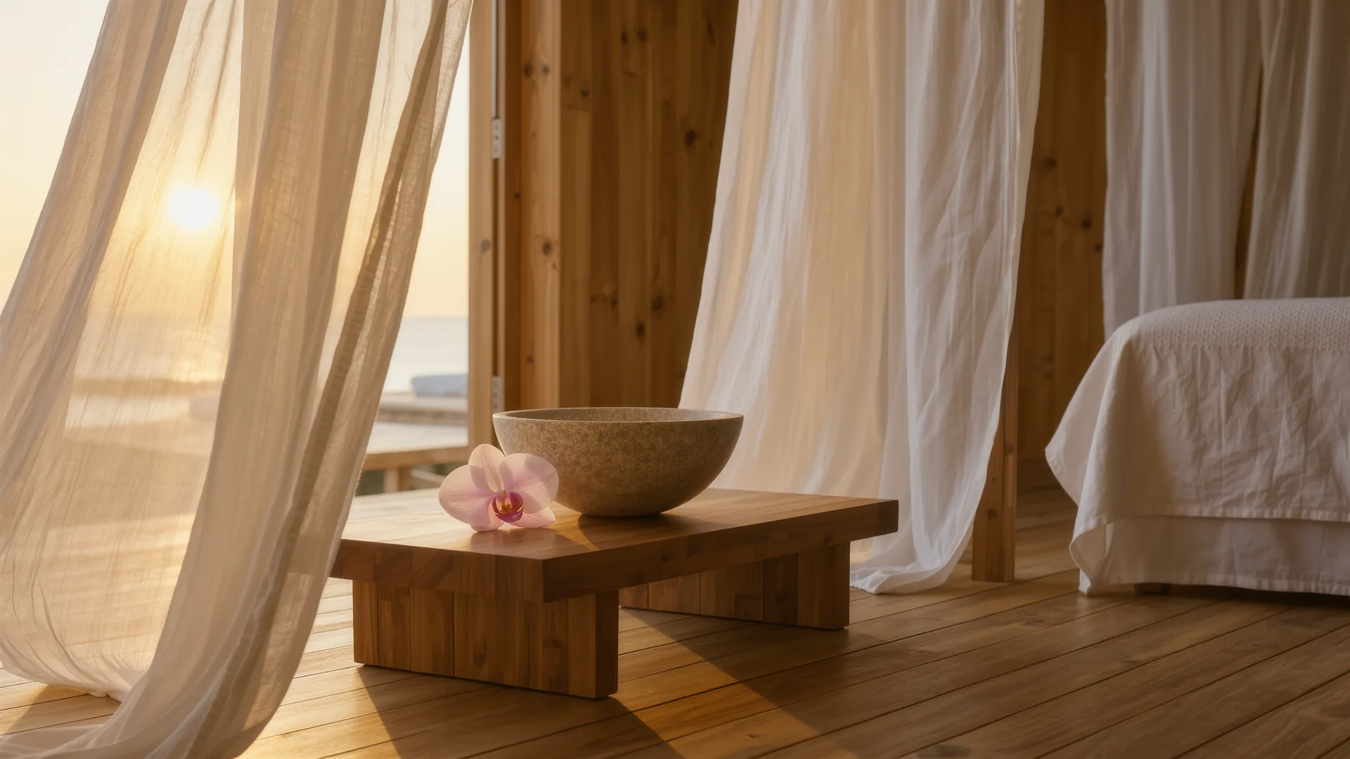 Serene treatment room with white linen, a stone bowl and a single orchid