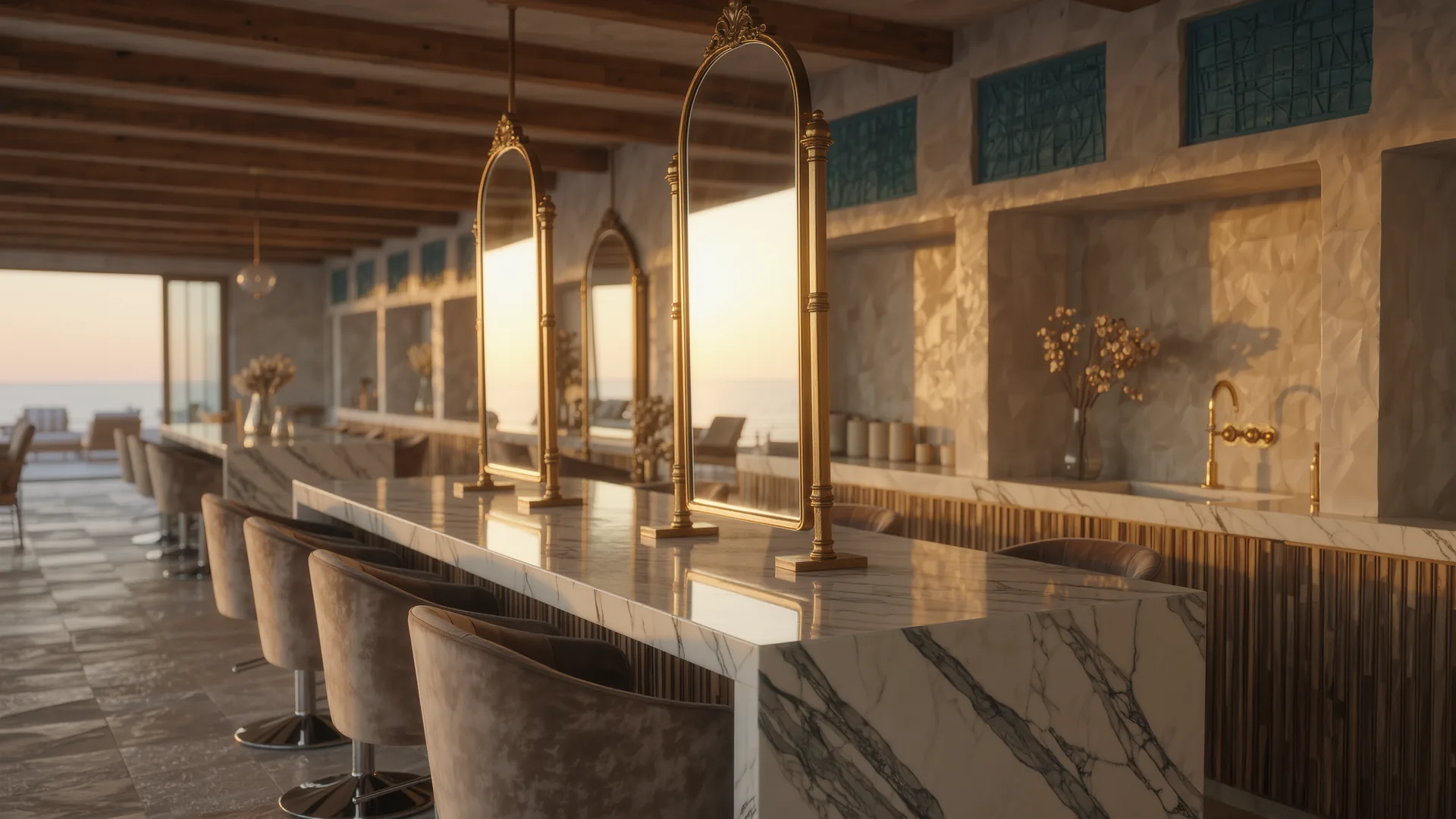 Elegant salon interior with brass mirrors and a marble counter