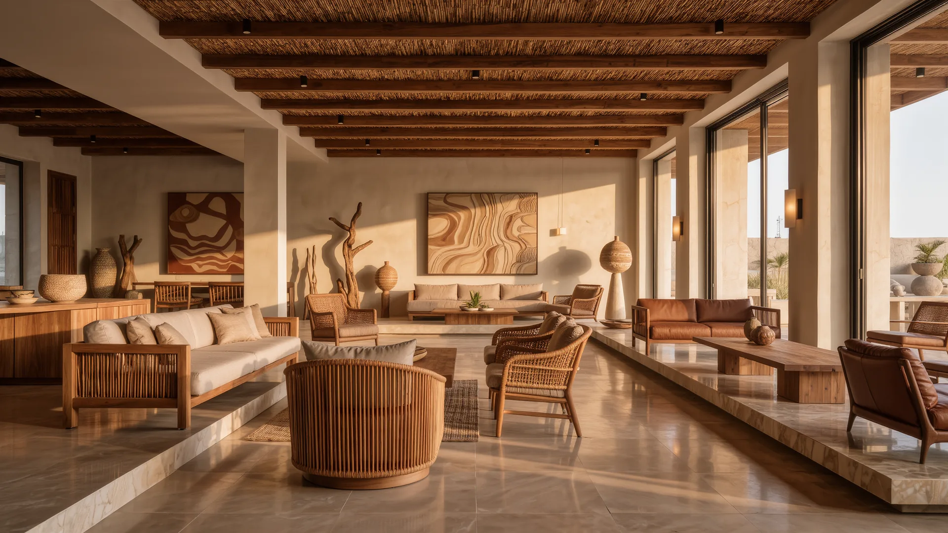 Showroom of designer furniture in natural tones with a high ceiling