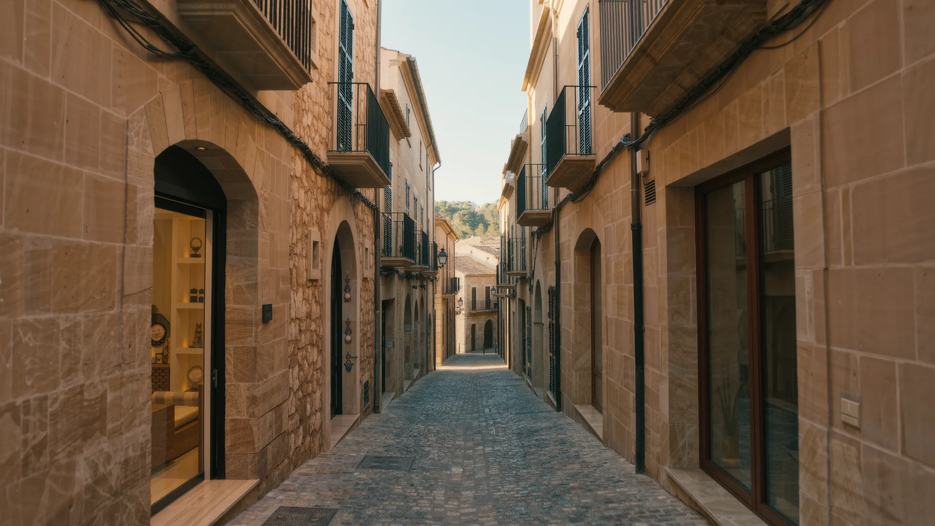 Old town street in Palma with sandstone facades and wrought iron balconies