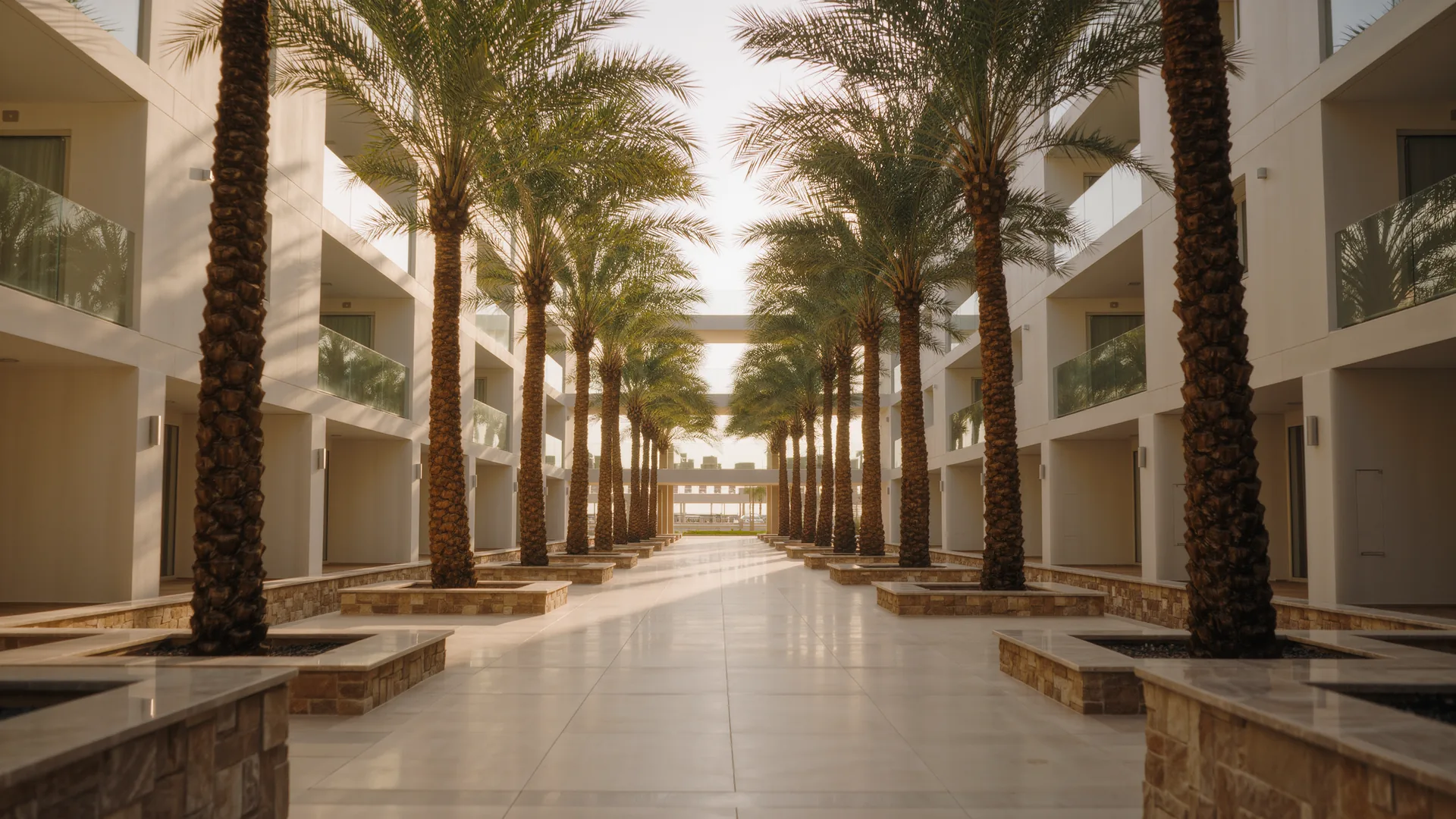 Apartment building courtyard with palms and a clean tiled walkway in morning light