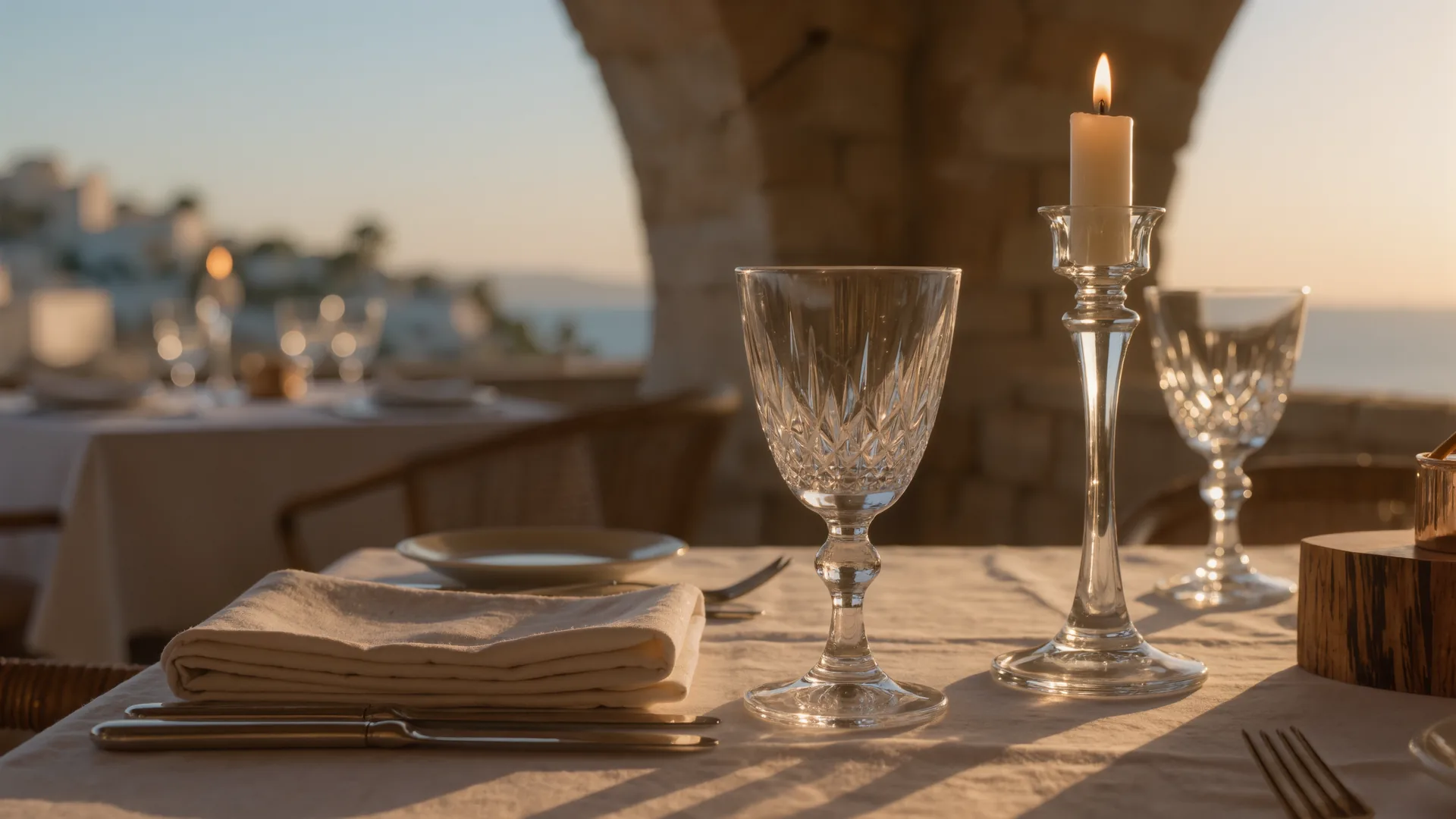Elegant laid table with linen, crystal glasses and candlelight