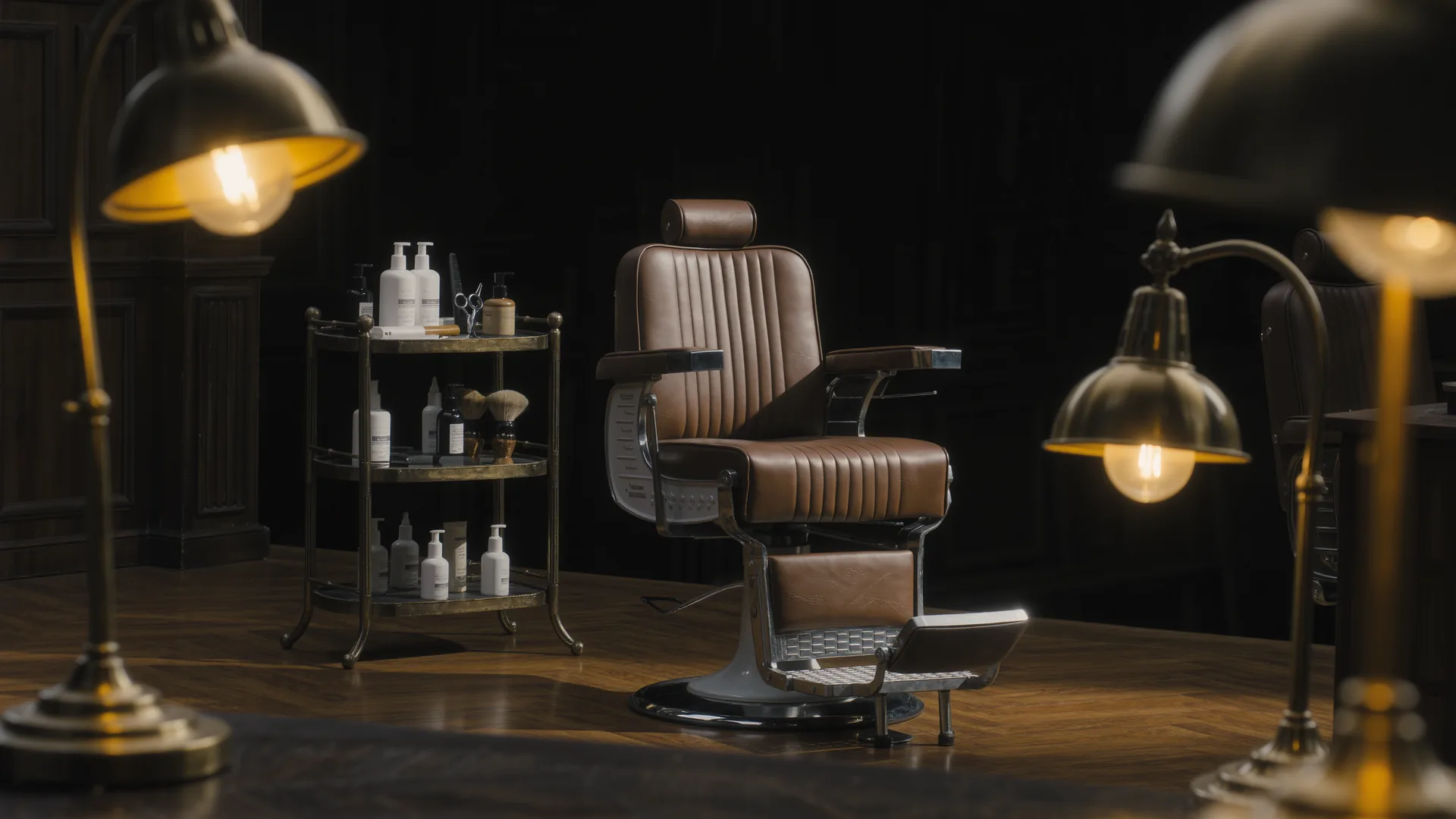 Classic barbershop interior in dark wood and brass with a leather chair