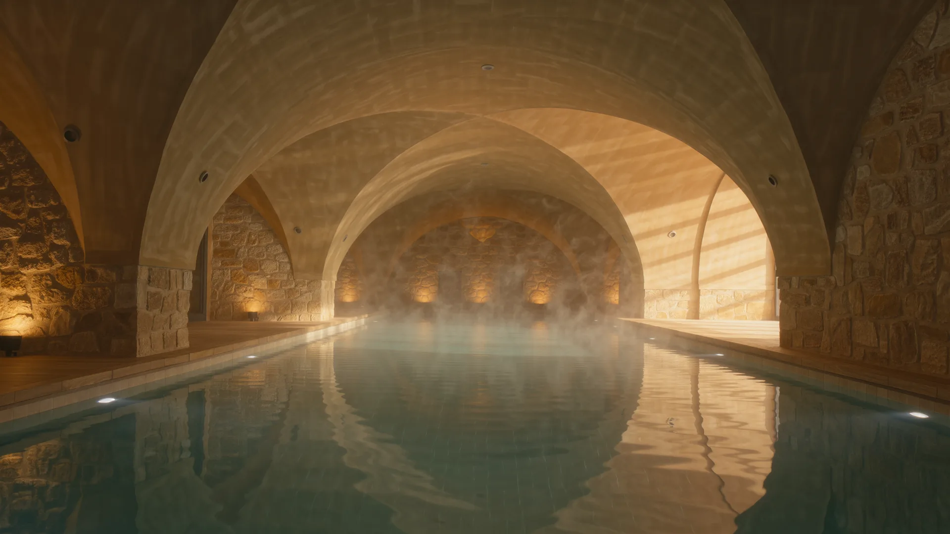 Hotel spa pool lit from below in a stone vaulted room