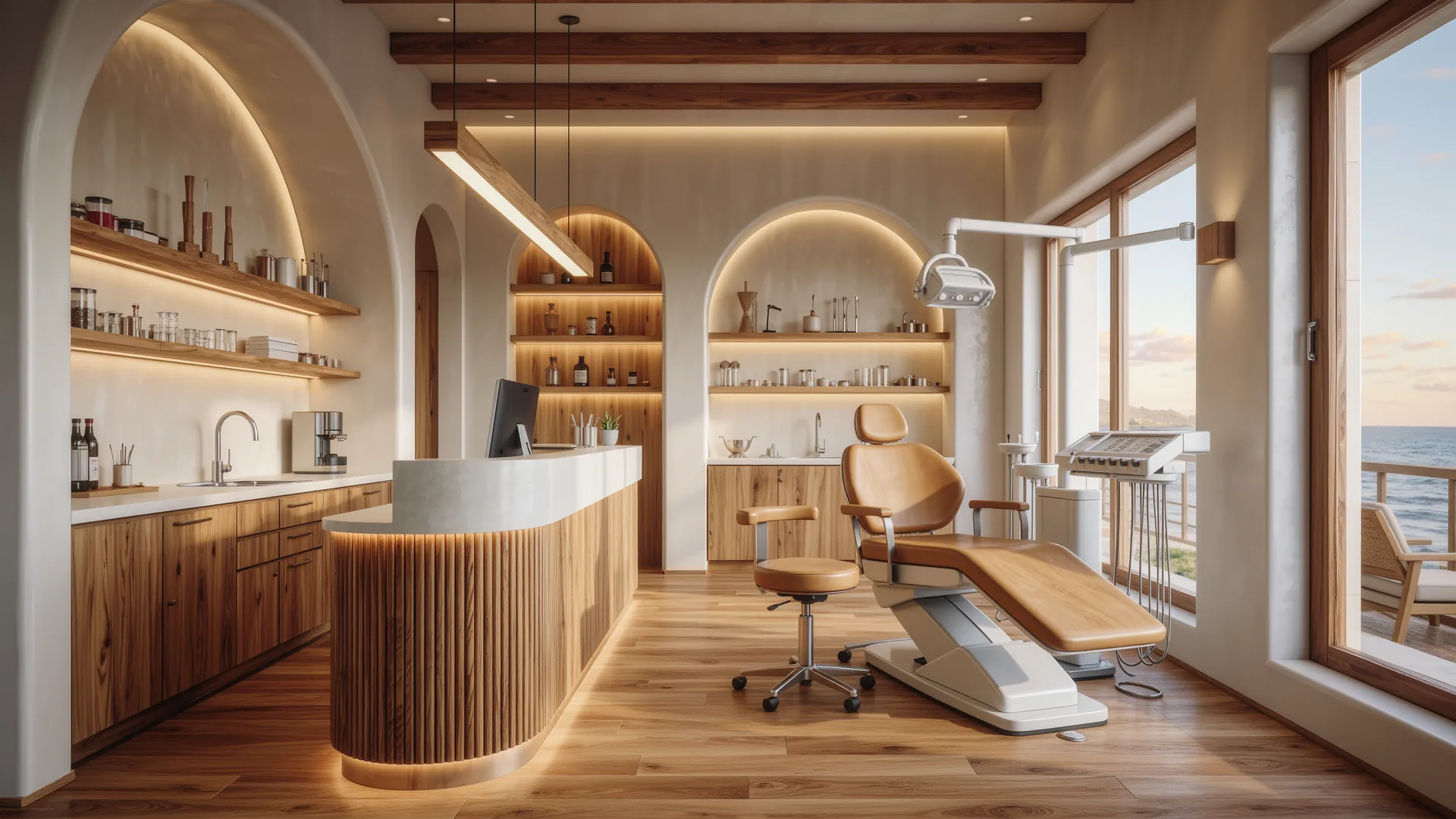 Modern dental clinic interior in white and wood with spotless surfaces