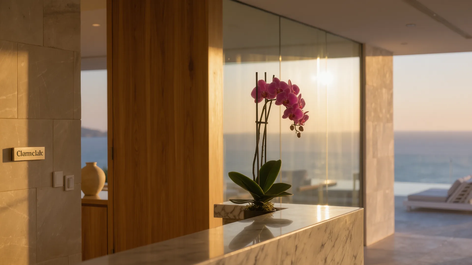 Clinic reception with an orchid and a glass wall in a calm bright tone