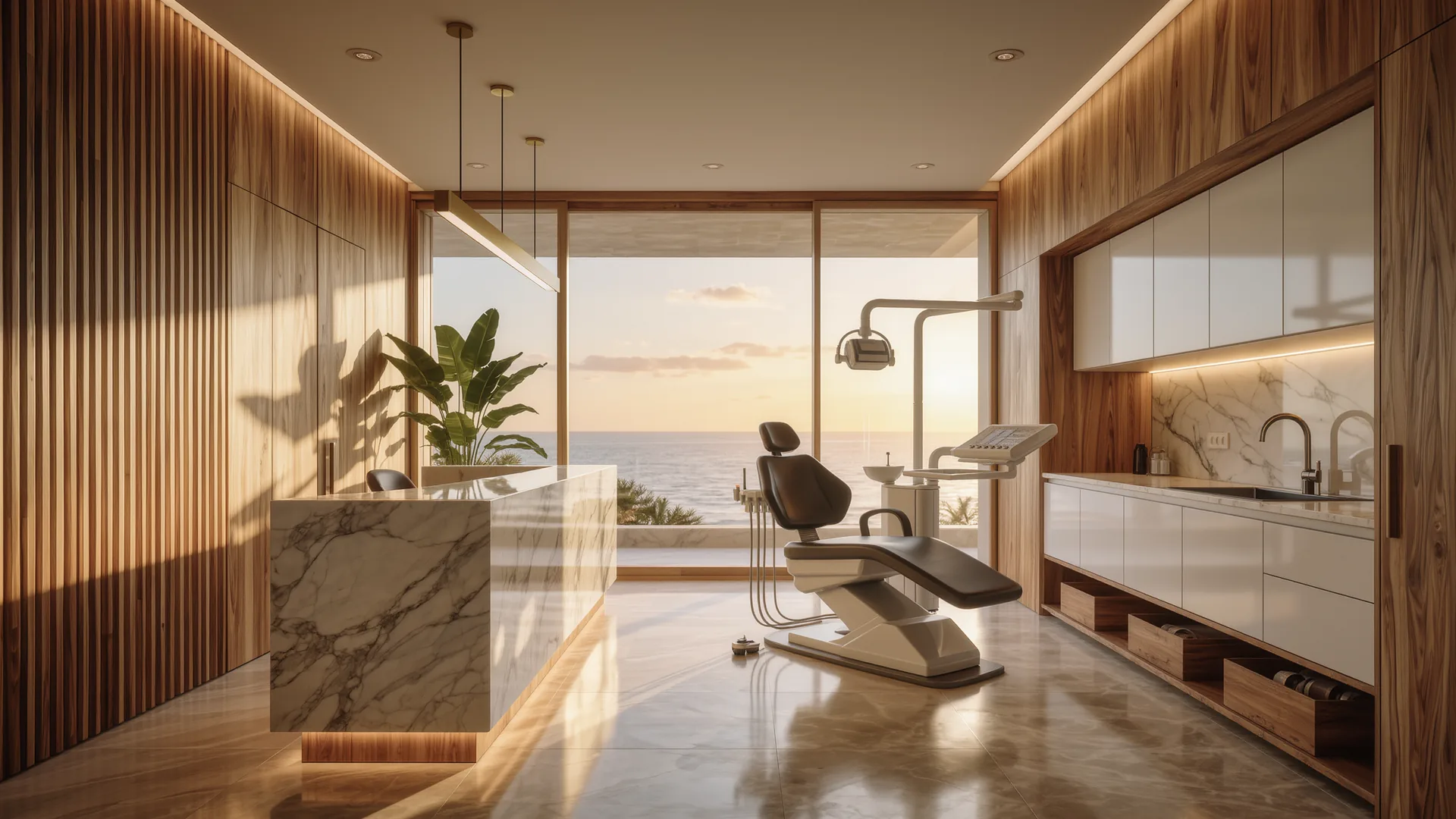 Modern dental clinic interior in white and wood with spotless surfaces