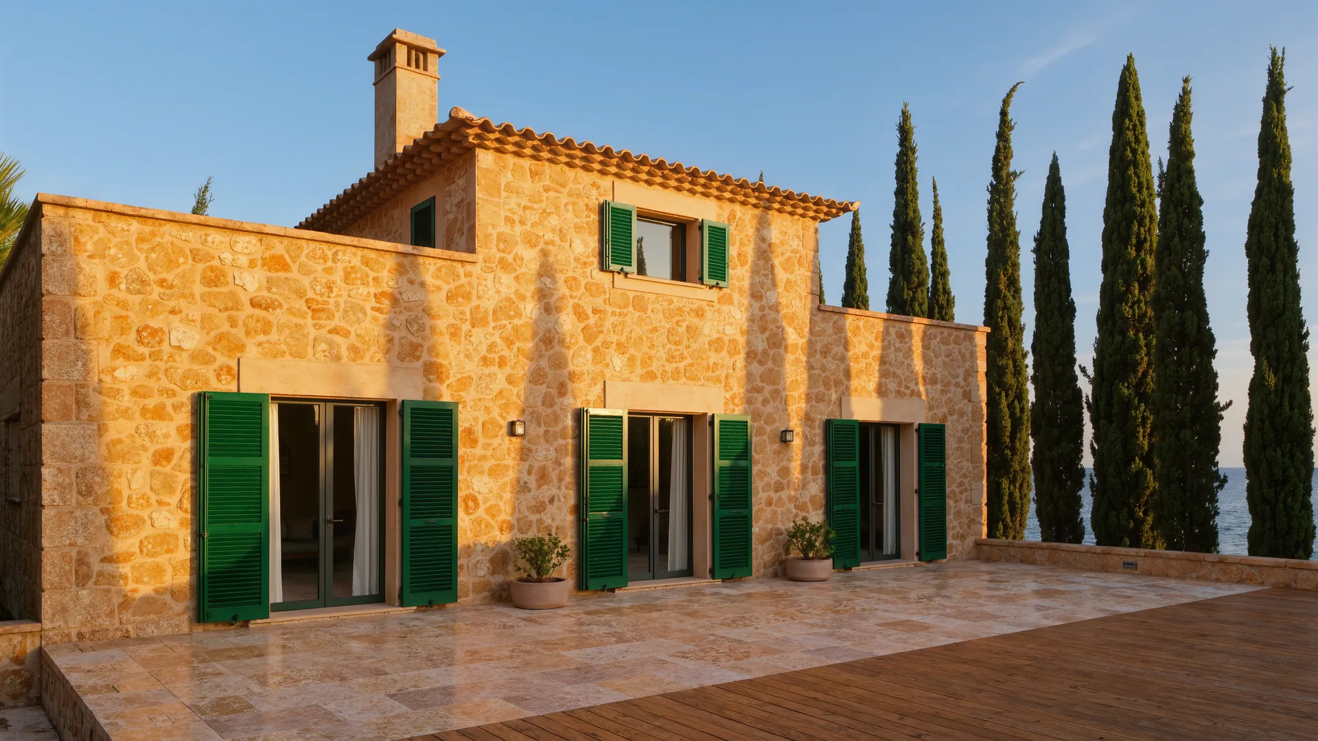 Mallorcan finca of honey coloured stone with green shutters and cypresses at golden hour