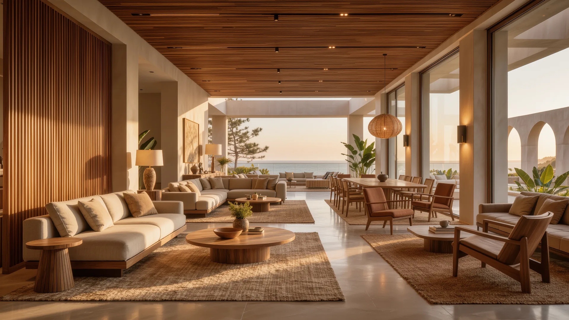 Showroom of designer furniture in natural tones with a high ceiling