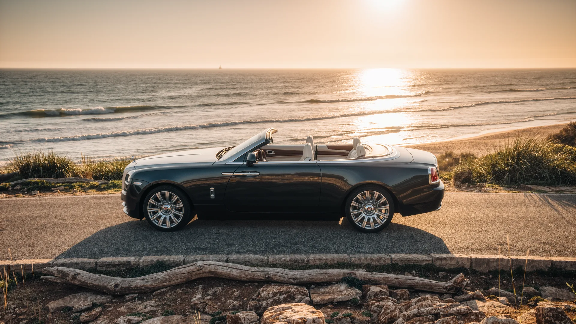 Convertible parked on a coastal road above the sea in Mallorca