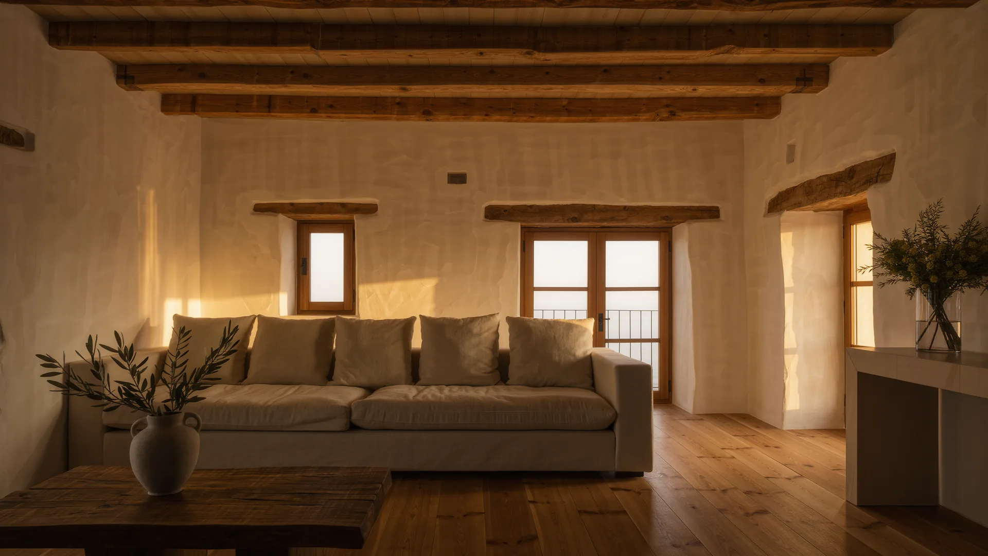 Mediterranean living room with lime plaster walls, a linen sofa and oak beams