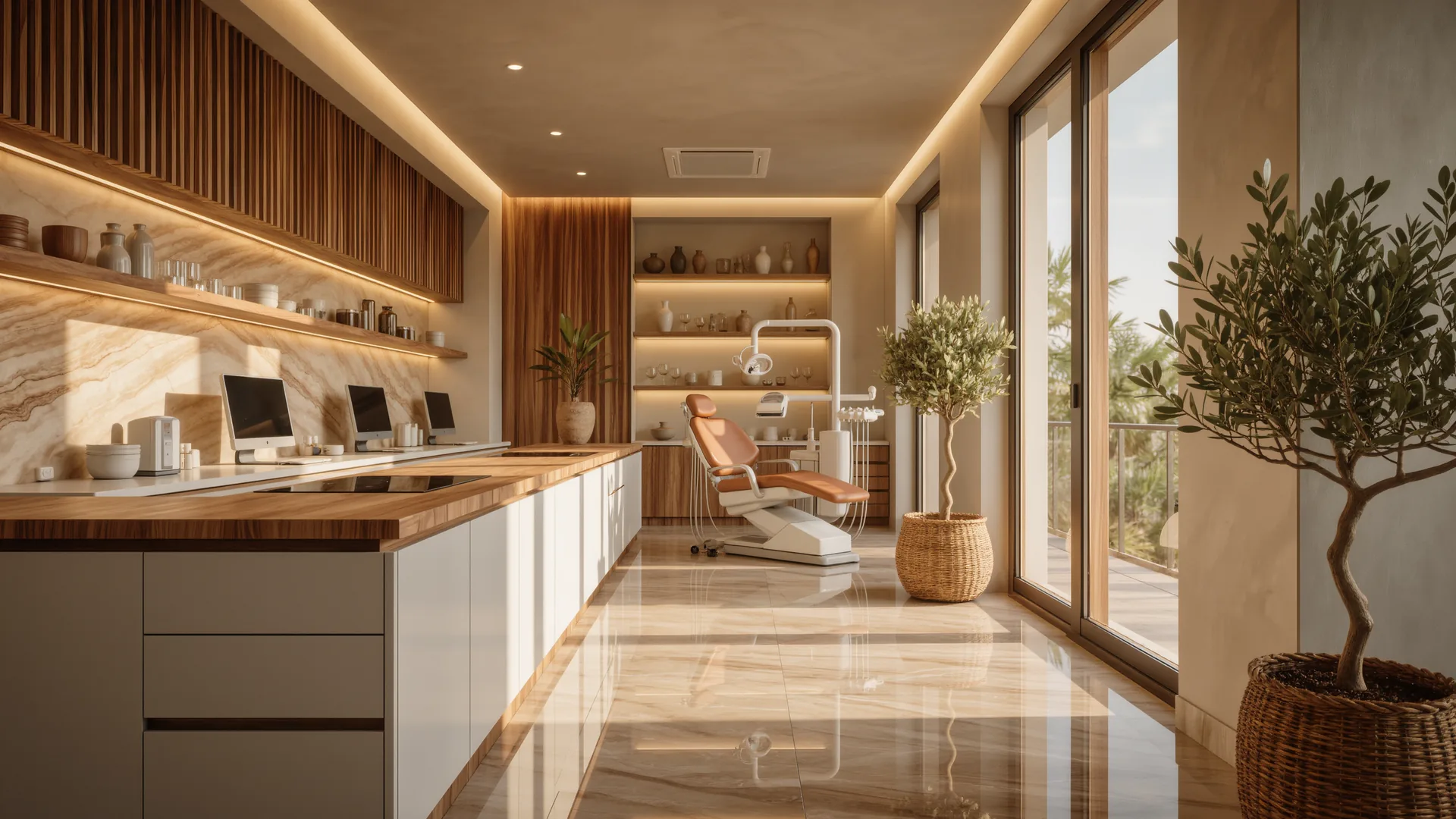 Modern dental clinic interior in white and wood with spotless surfaces