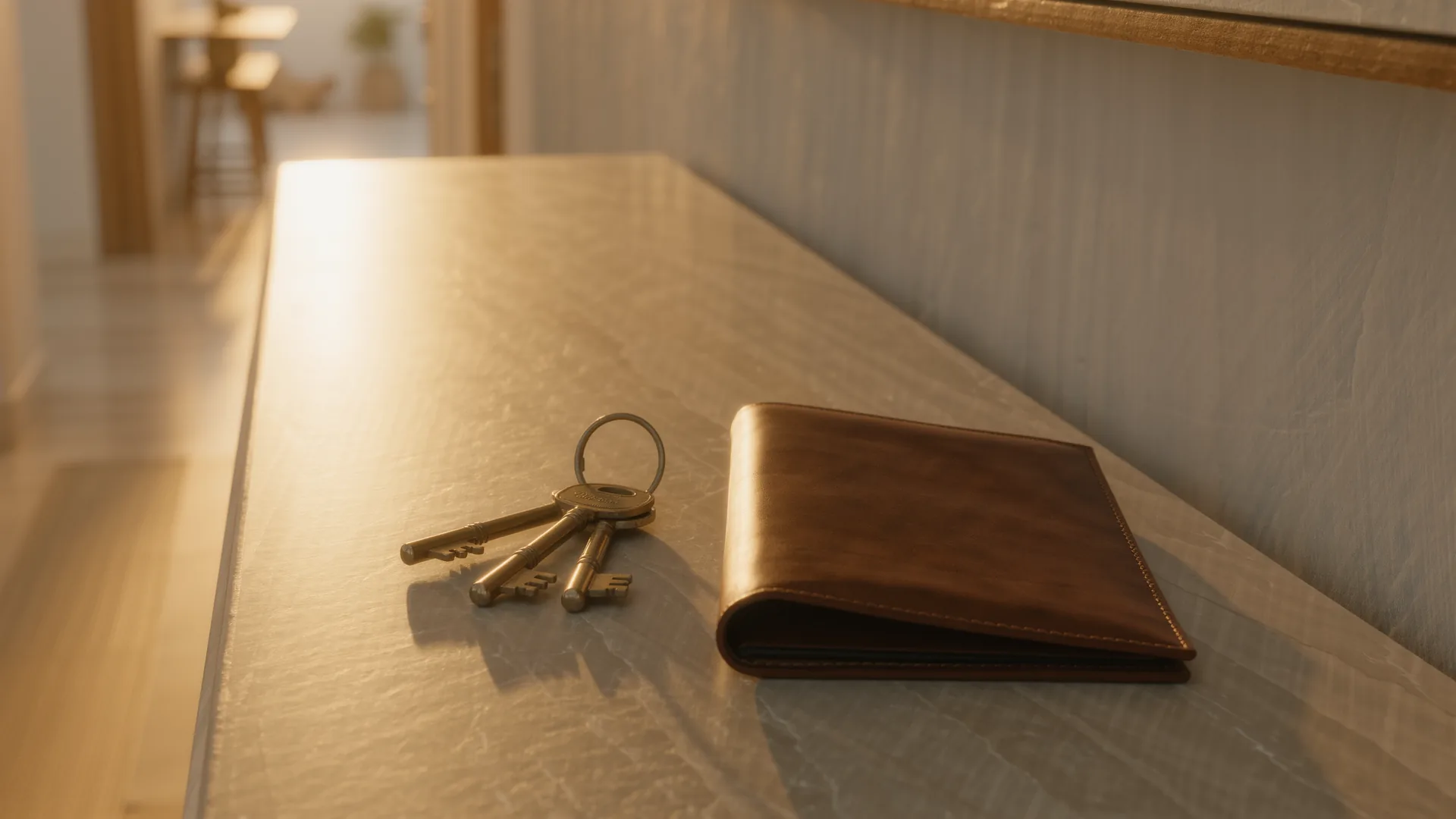 Set of keys and a leather folder on a stone console in a bright hallway