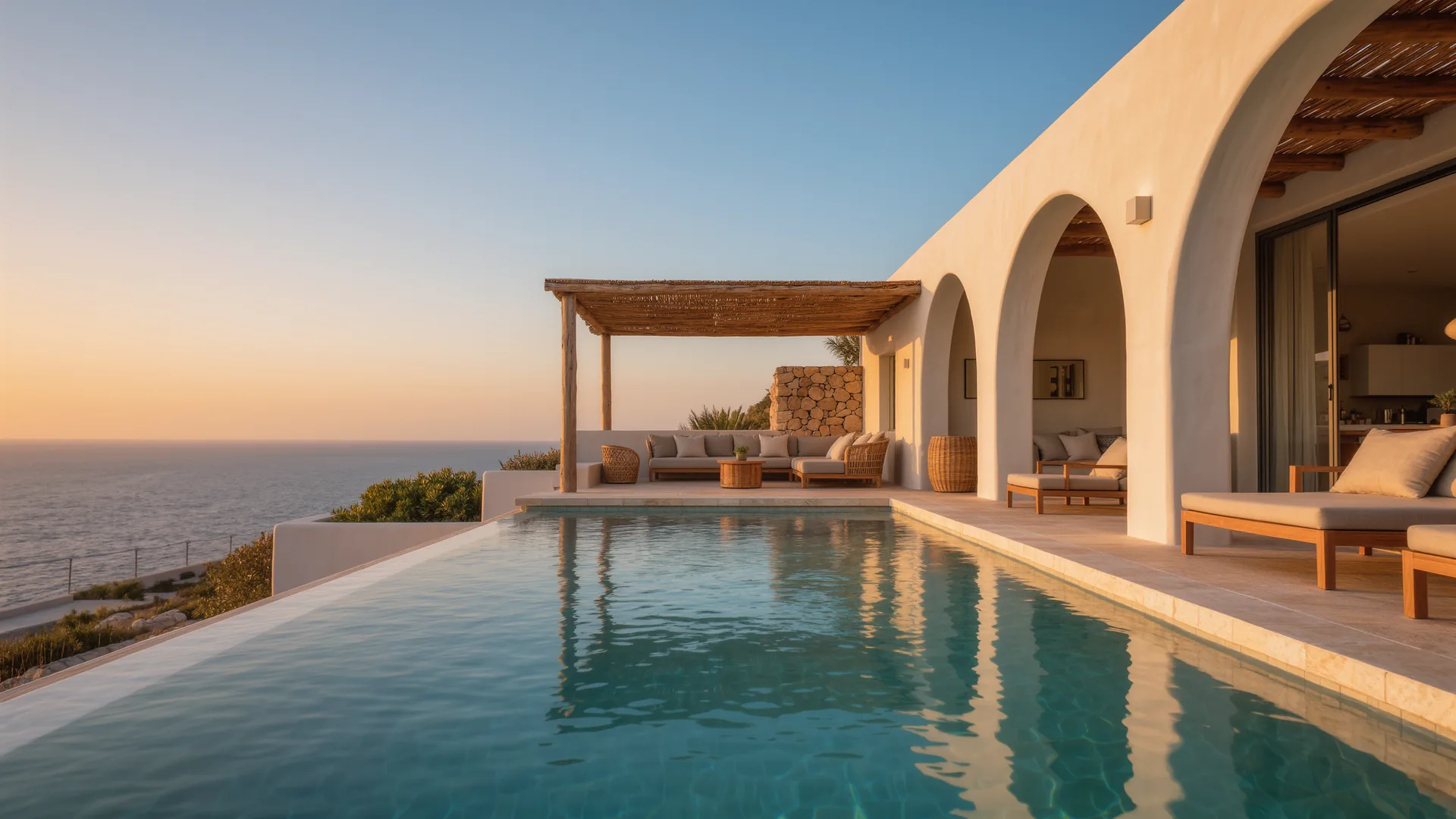 Modern villa terrace with an infinity pool above the Mediterranean at dusk