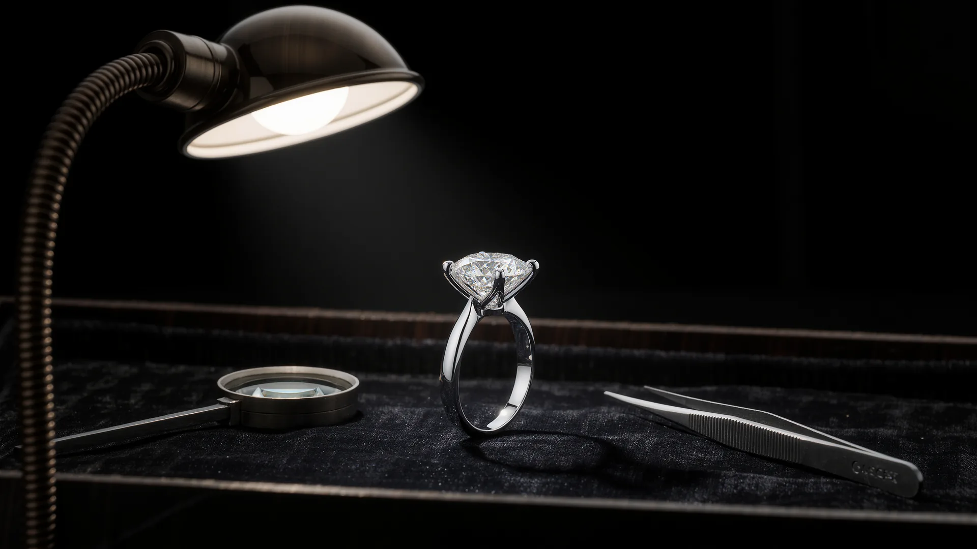 Diamond ring on black velvet under a jeweller's lamp, with loupe and tweezers