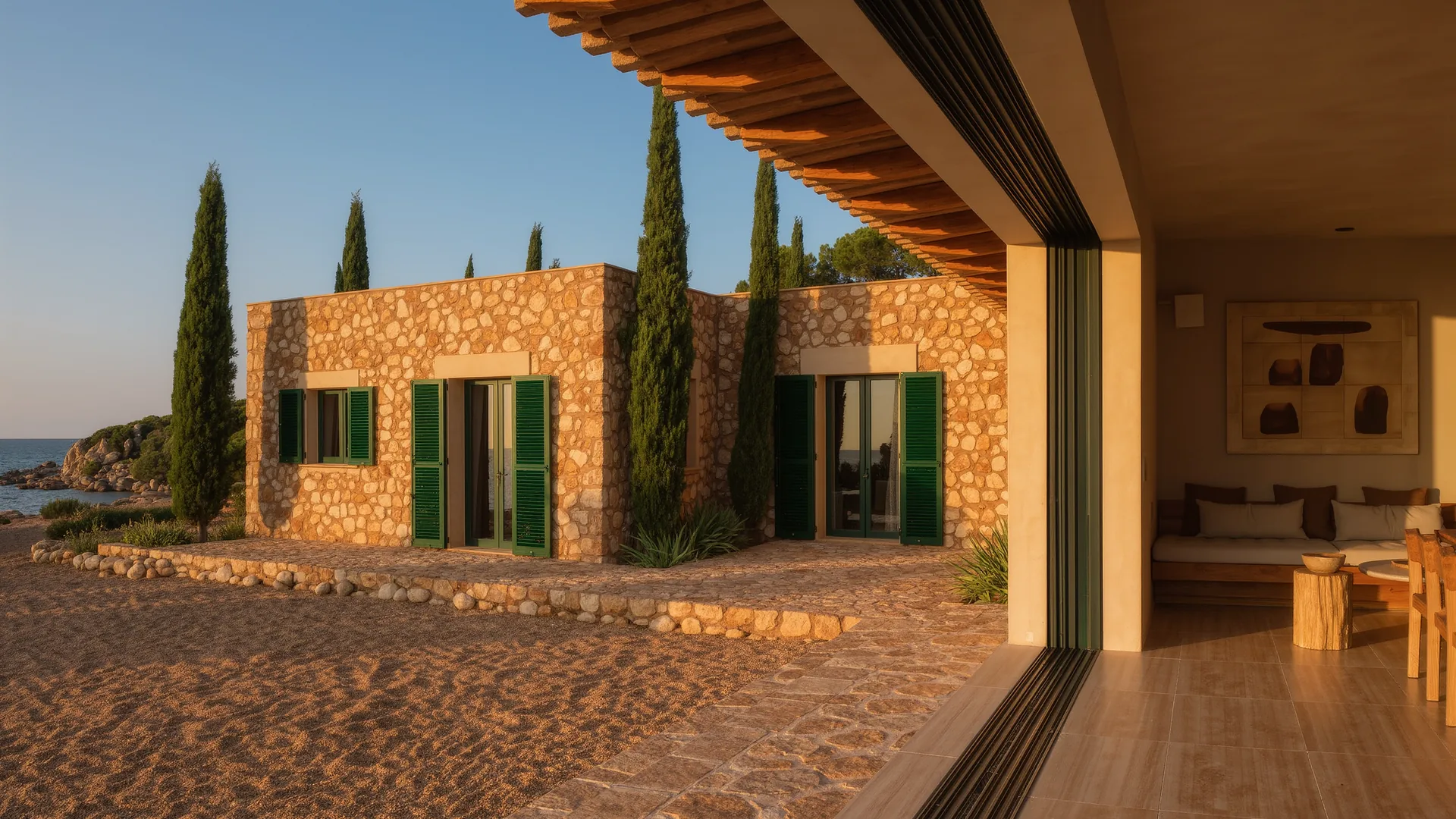 Mallorcan finca of honey coloured stone with green shutters and cypresses at golden hour
