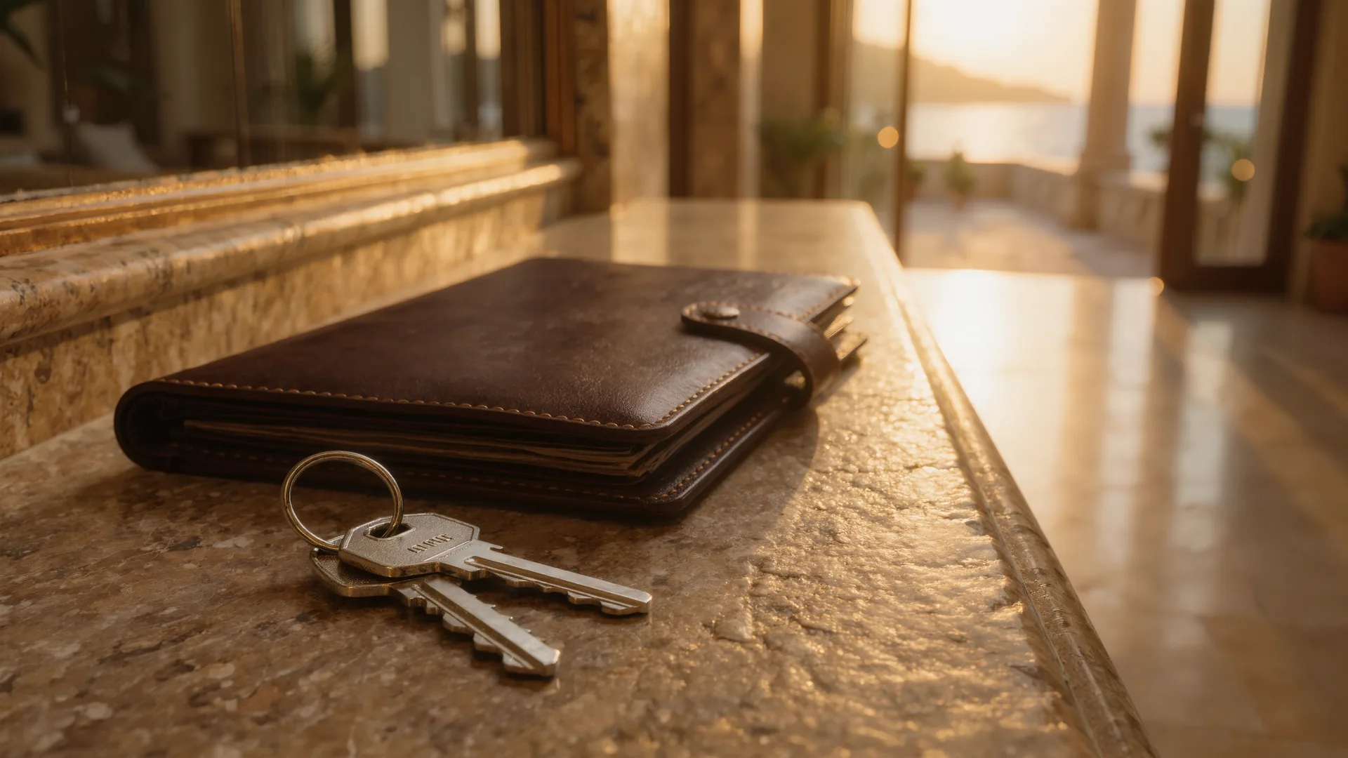 Set of keys and a leather folder on a stone console in a bright hallway