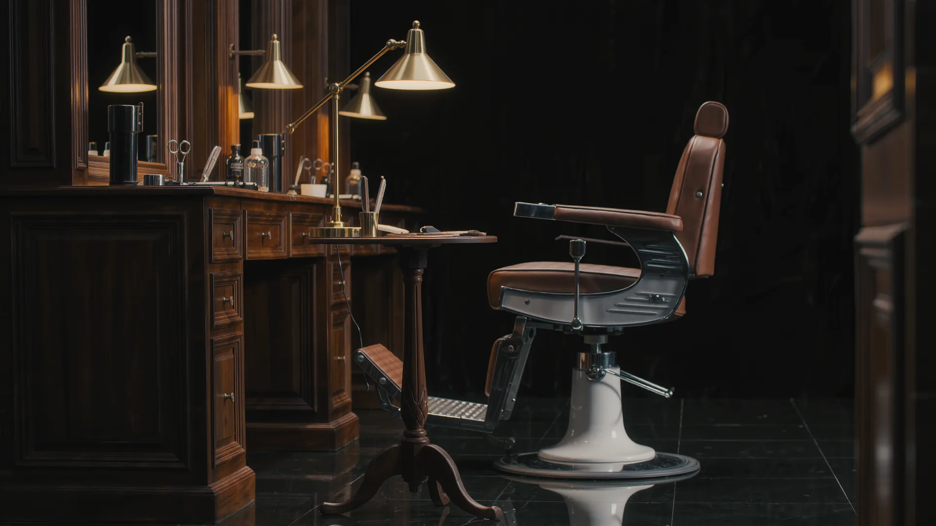 Classic barbershop interior in dark wood and brass with a leather chair