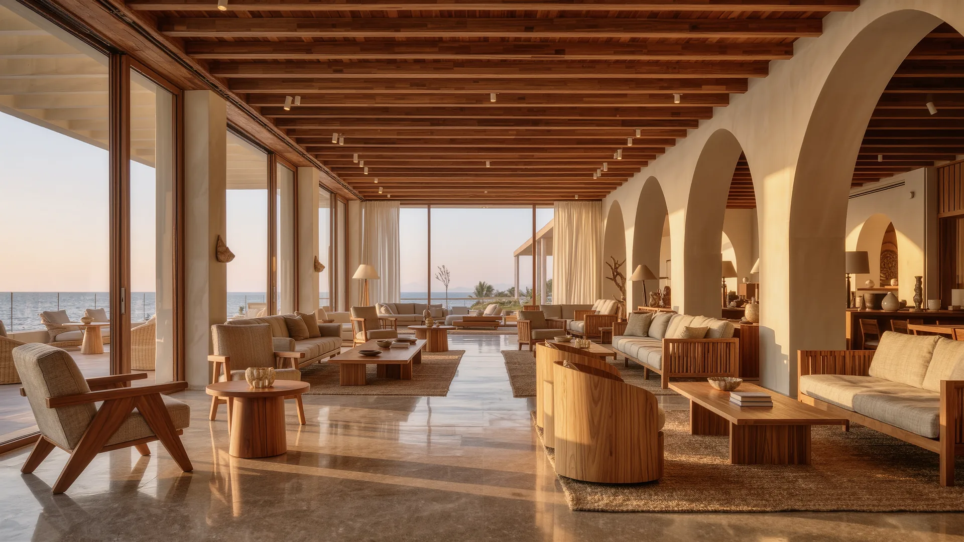 Showroom of designer furniture in natural tones with a high ceiling