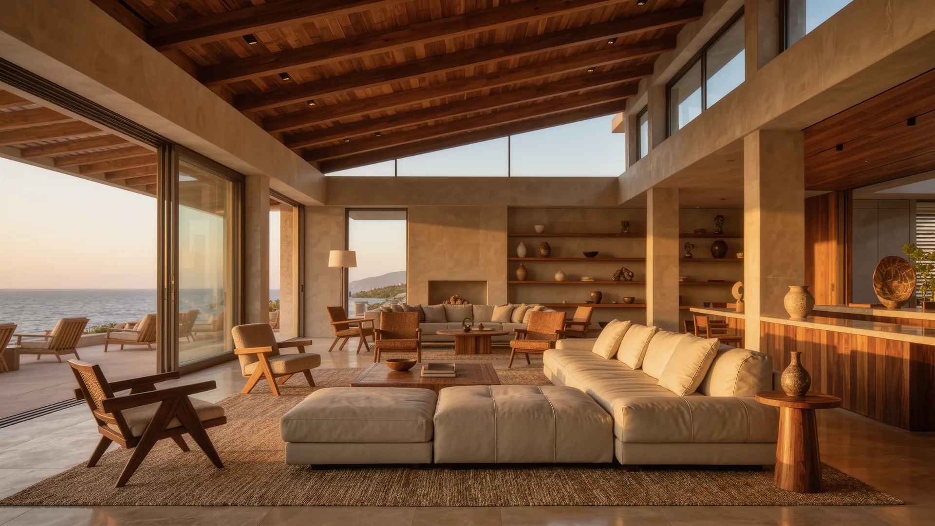 Showroom of designer furniture in natural tones with a high ceiling