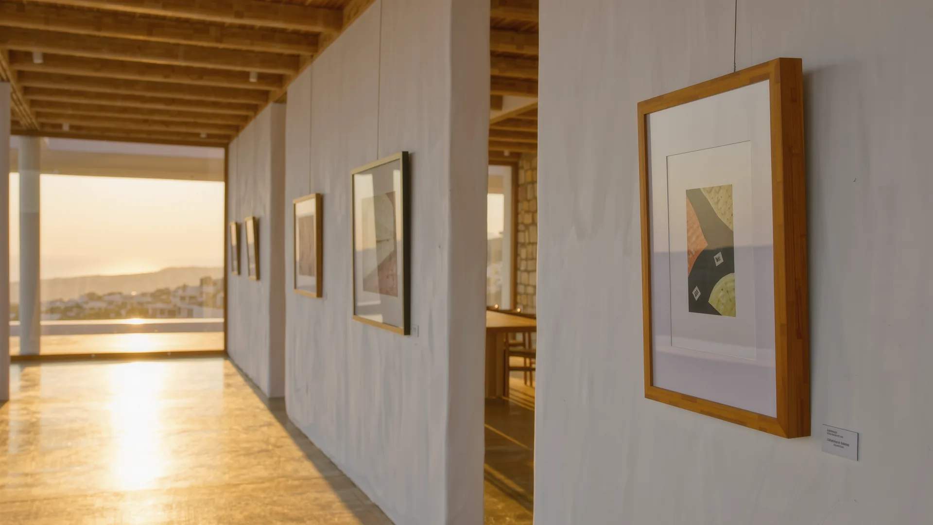 Bright white gallery room with framed works and a polished concrete floor