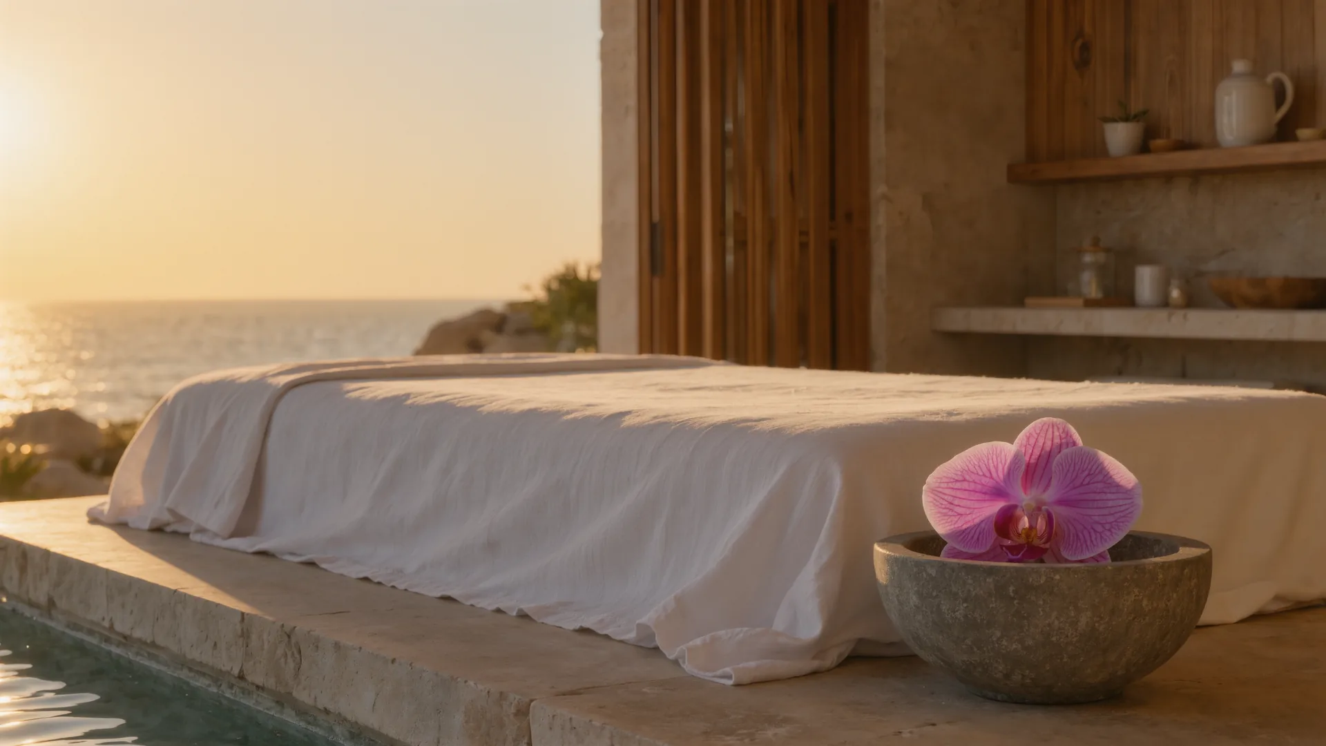 Serene treatment room with white linen, a stone bowl and a single orchid