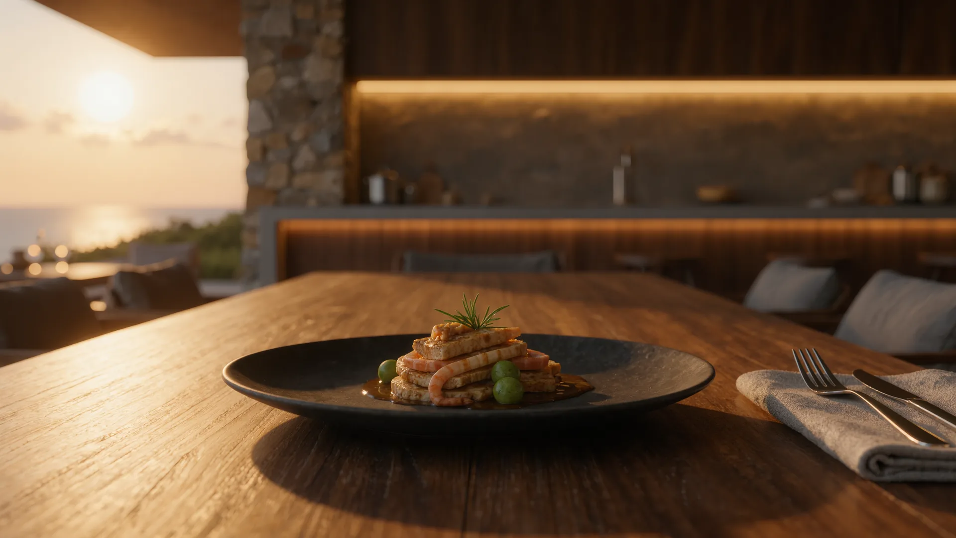 Plated fine dining dish on dark ceramic with the kitchen pass behind