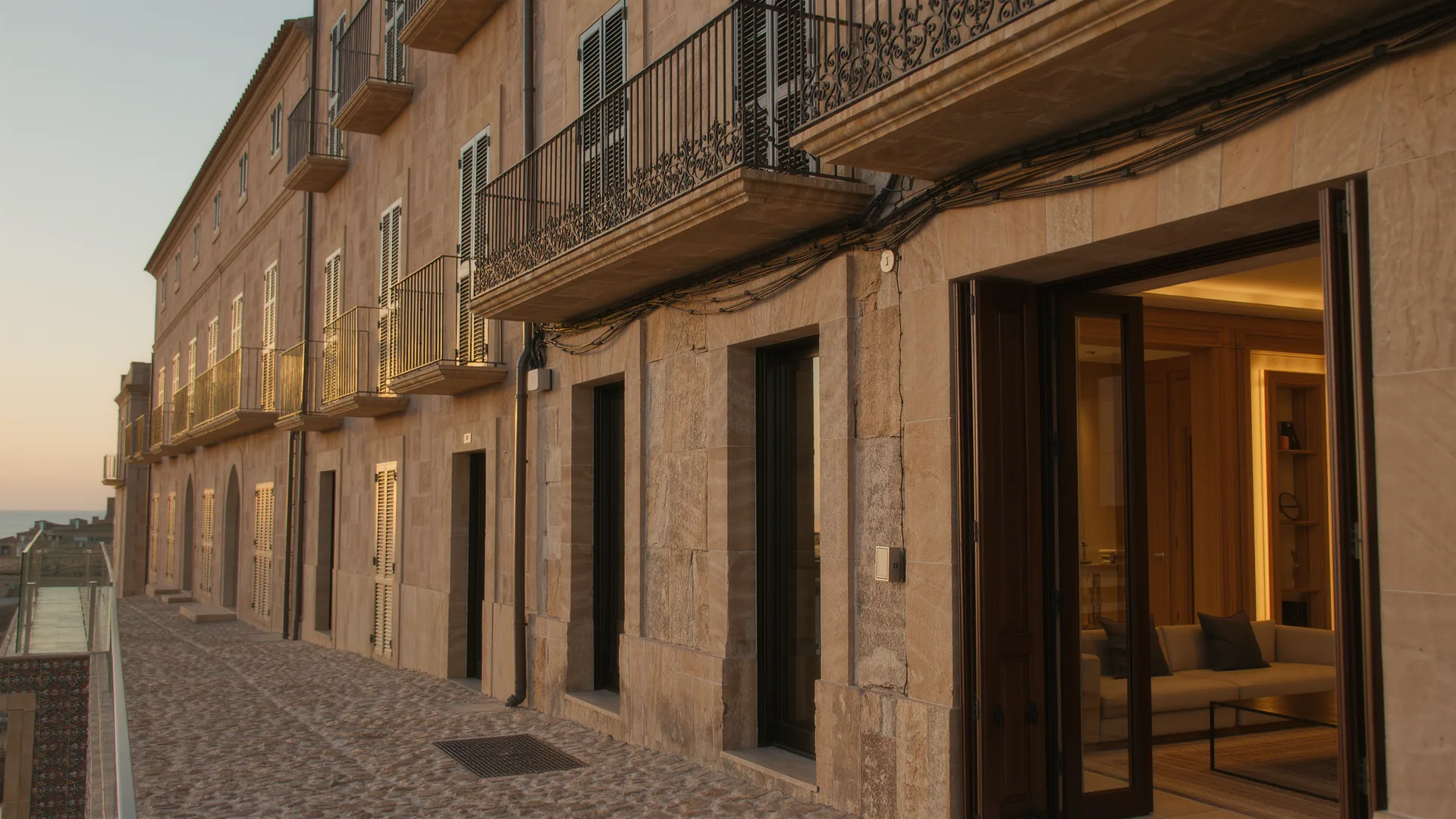 Old town street in Palma with sandstone facades and wrought iron balconies