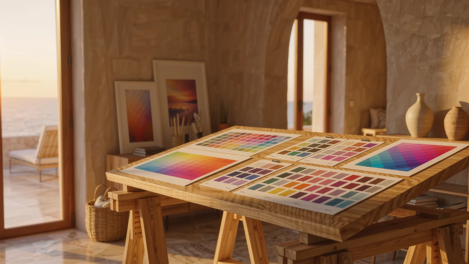 Creative studio desk with mood boards and colour swatches