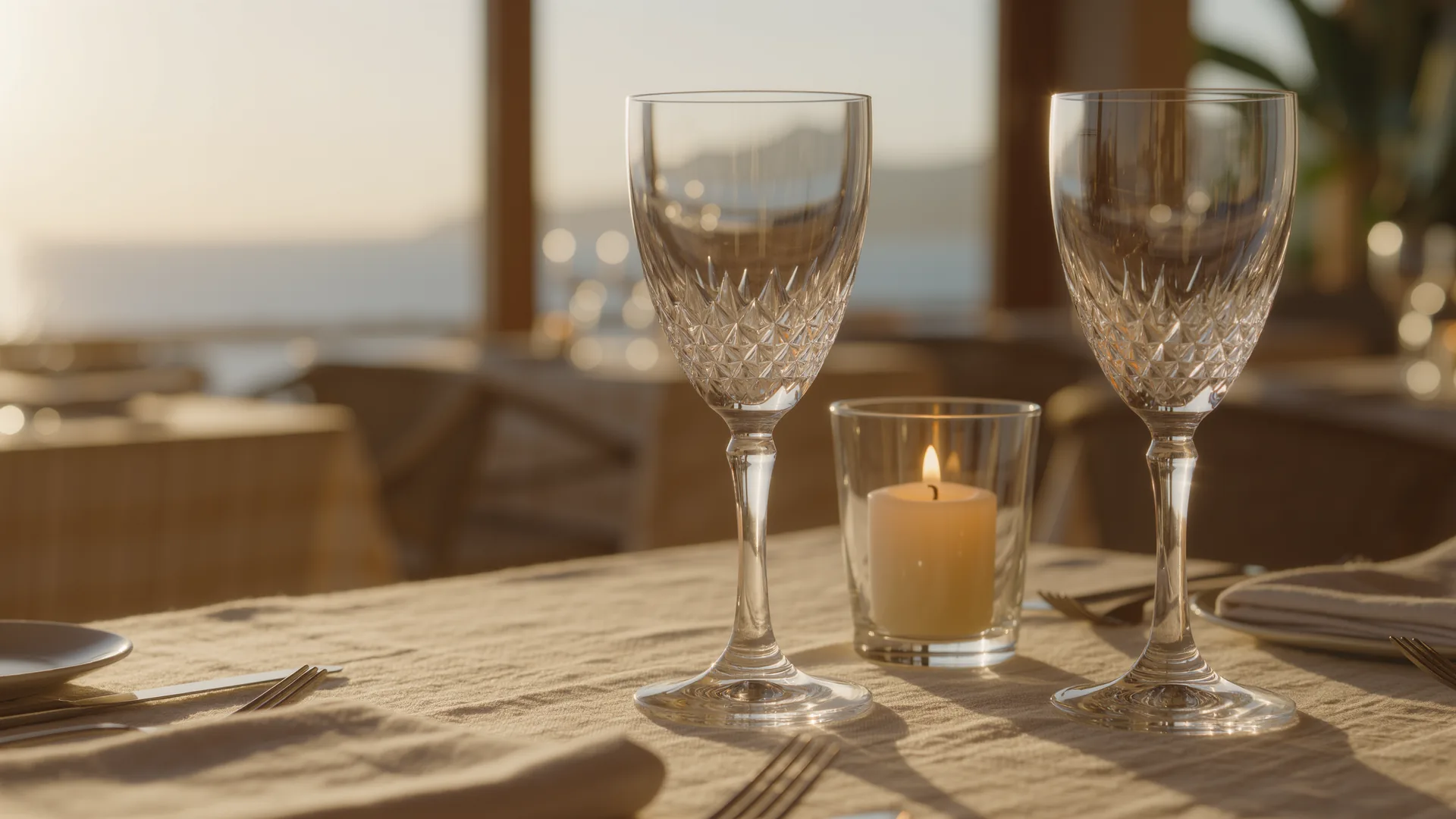 Elegant laid table with linen, crystal glasses and candlelight