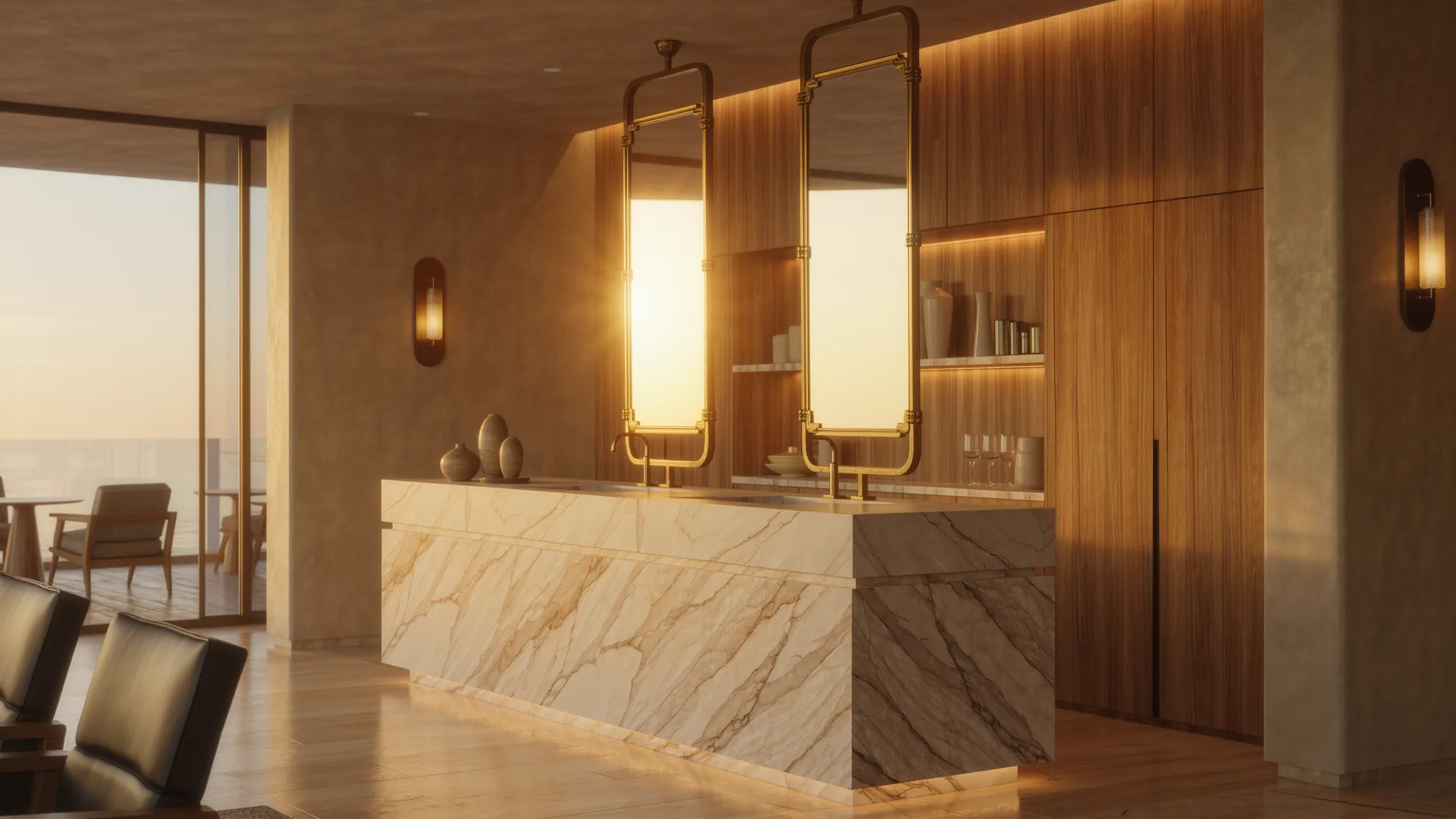 Elegant salon interior with brass mirrors and a marble counter