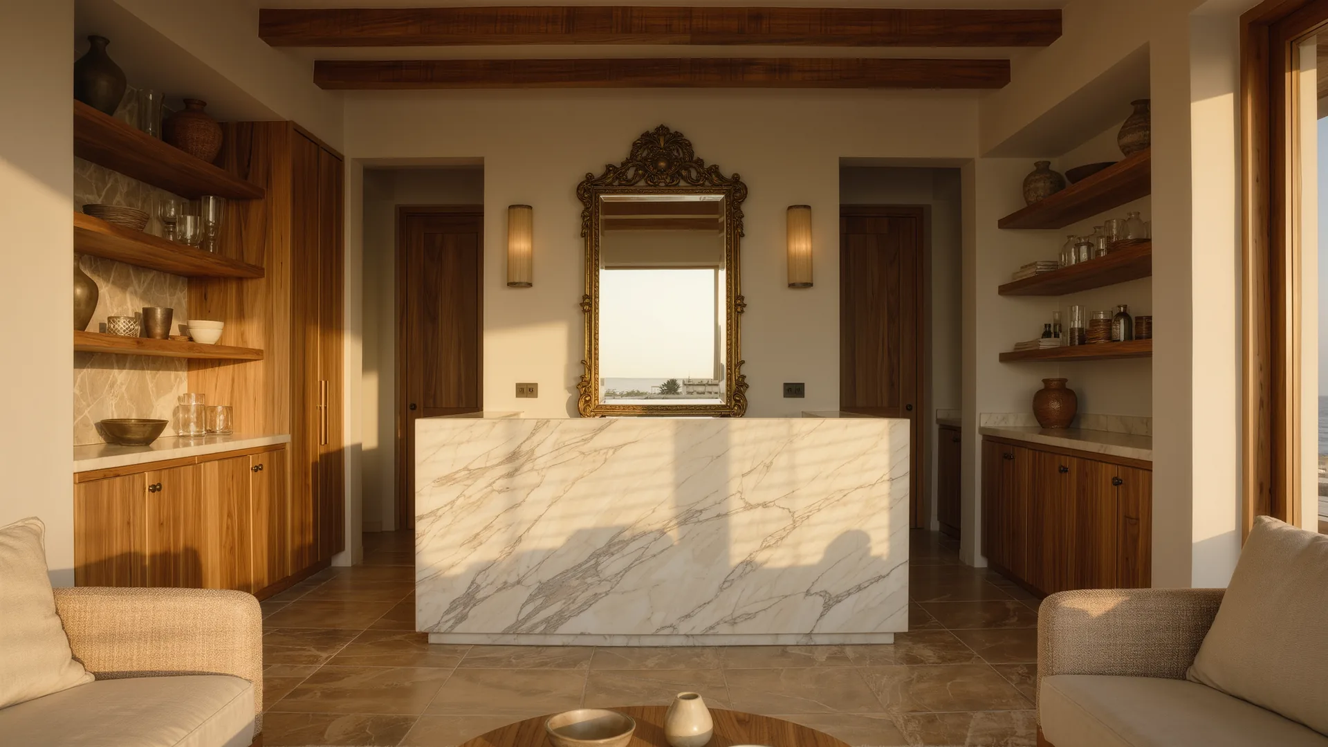 Elegant salon interior with brass mirrors and a marble counter